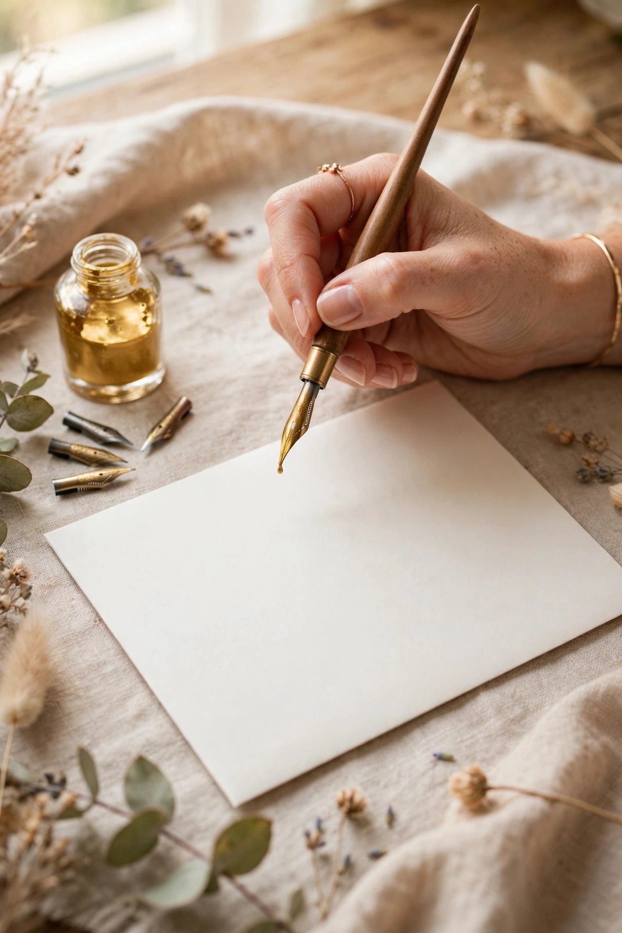 Calligrapher hand-lettering a wedding envelope with a pointed pen and gold ink