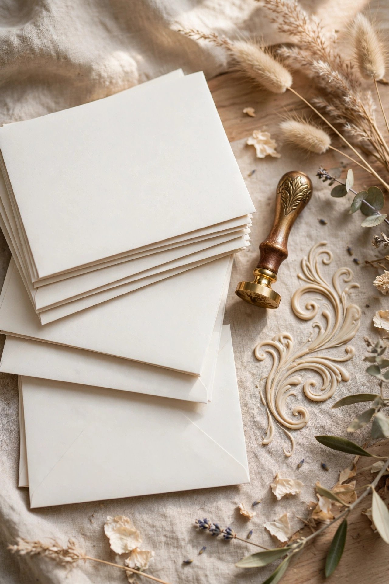 Beautifully addressed wedding envelopes with calligraphy stacked beside a wax seal stamp