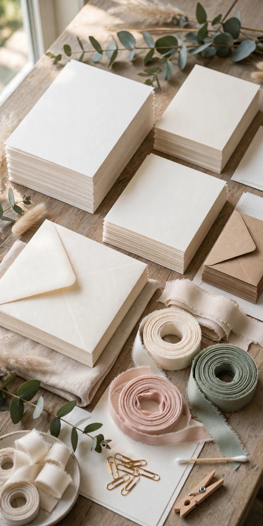Organized assembly table with invitation pieces in labeled stacks