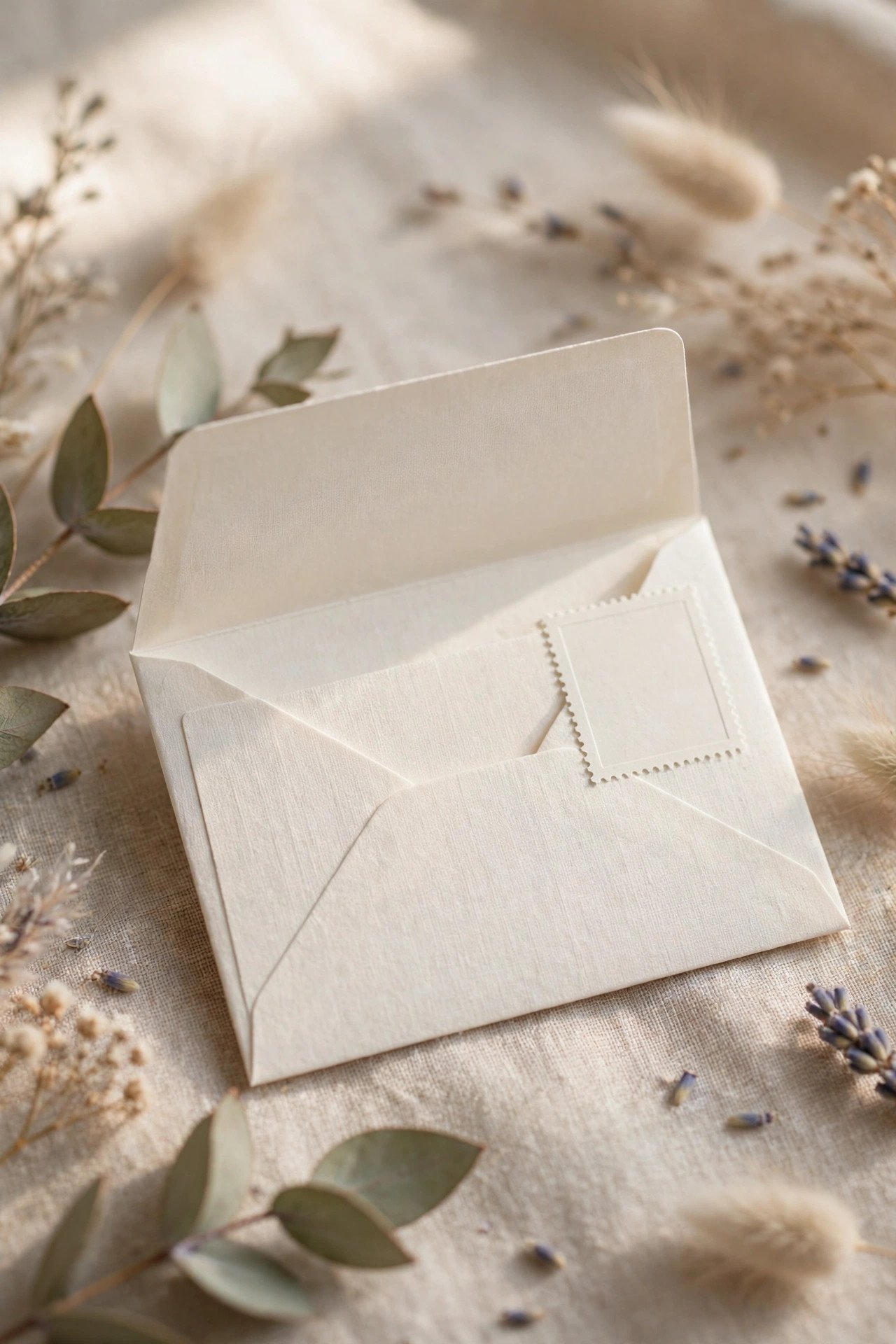 Response envelope with stamp applied and flap open ready for the RSVP card