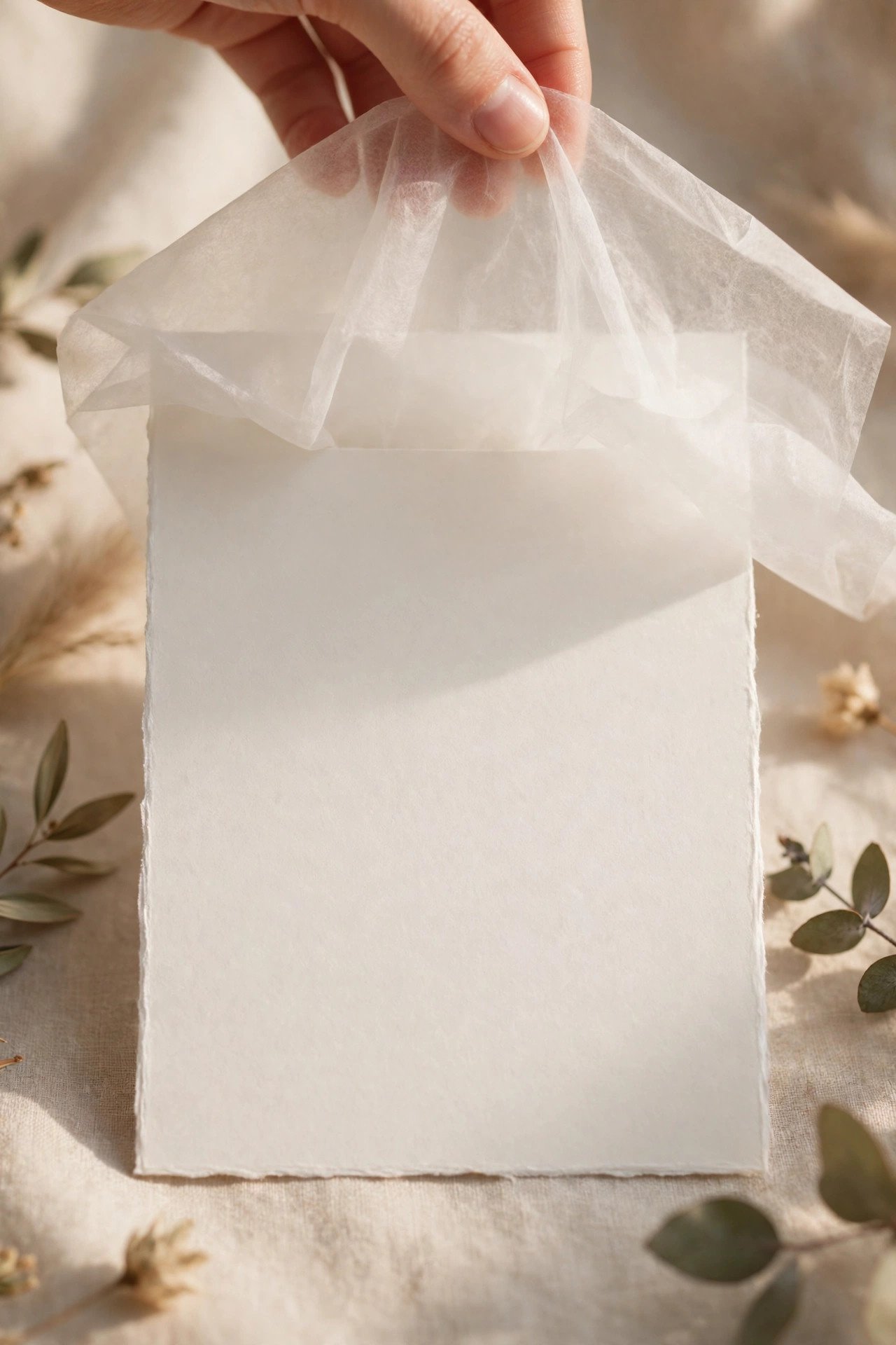 Tissue sheet placed over a letterpress invitation face for protection