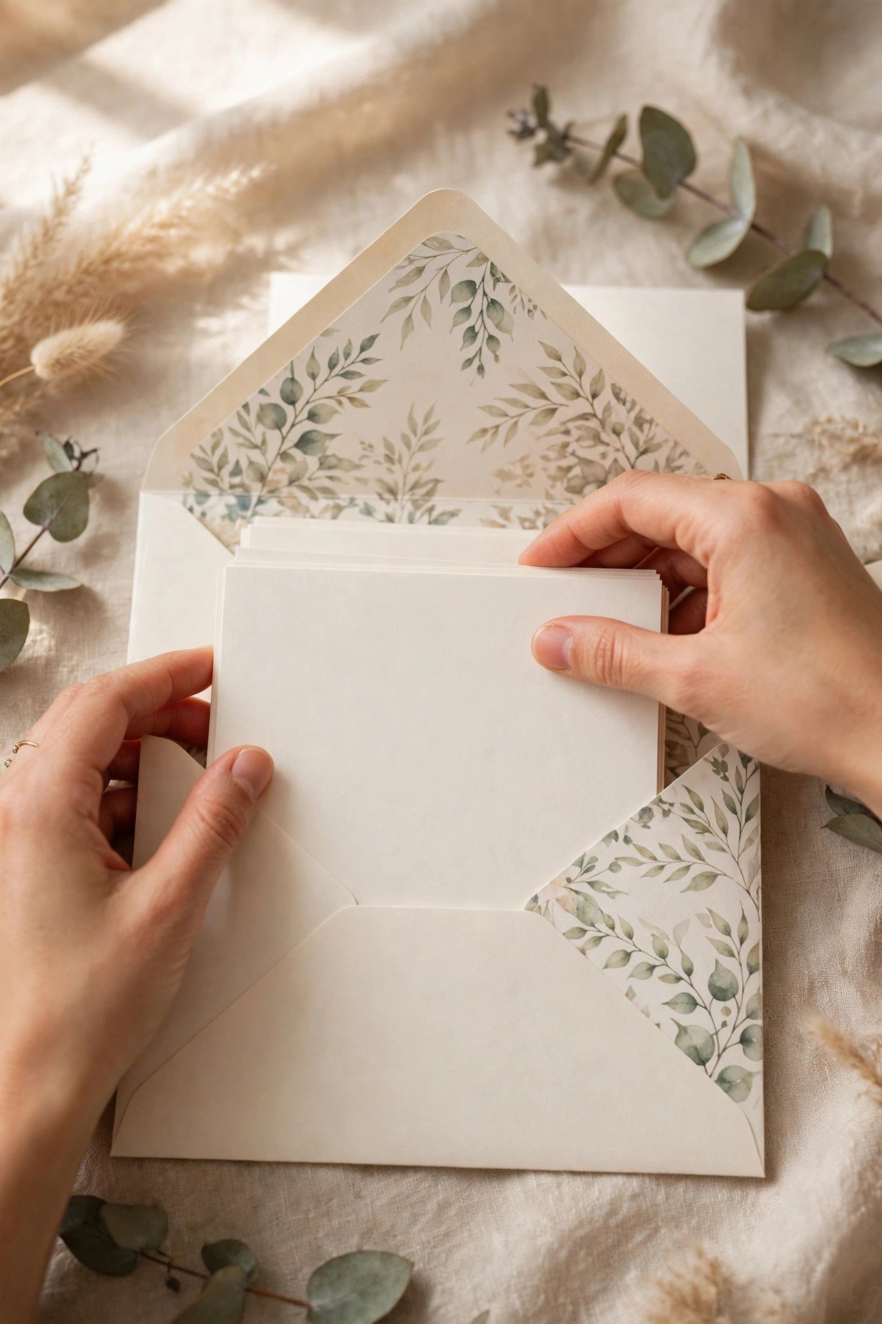 Assembled stack being slid into an inner envelope printed side to flap