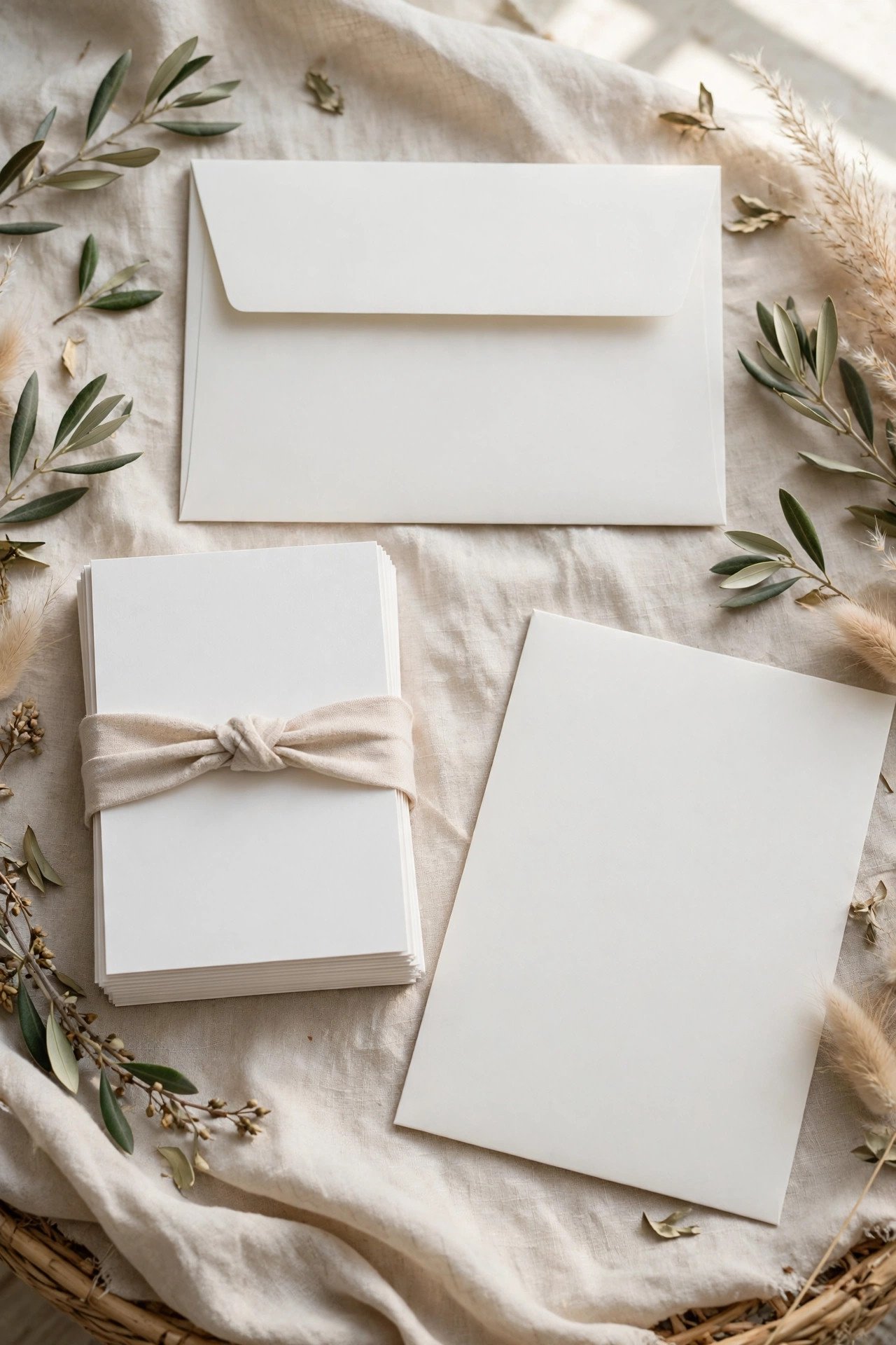 Modern single-envelope suite with a banded stack and printed guest names