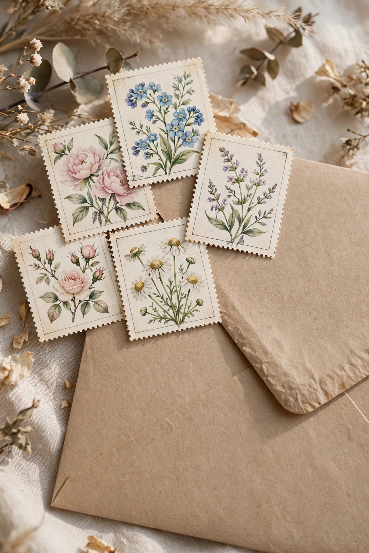 Wedding envelope with arranged vintage postage stamps in the corner