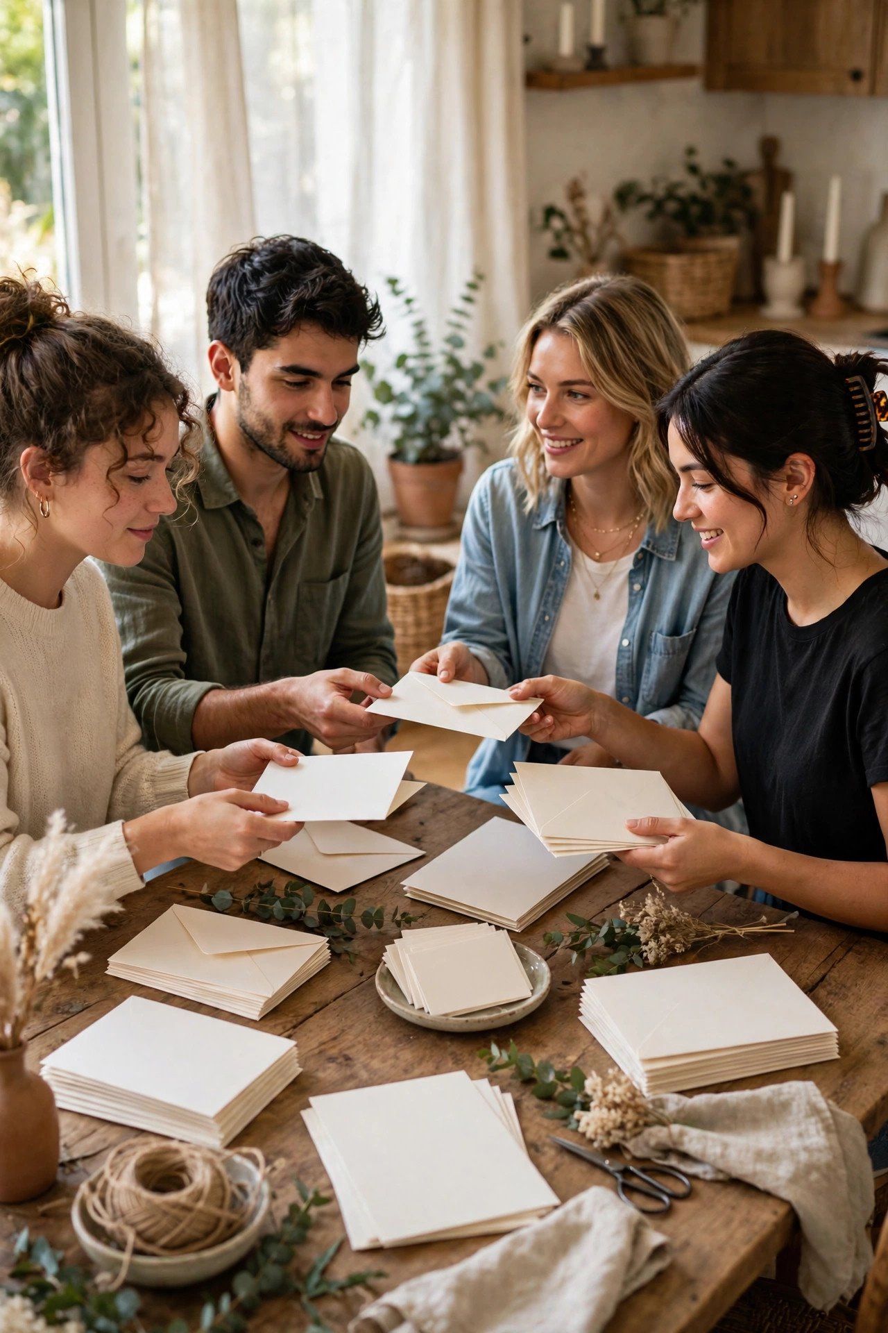 Friends working an invitation assembly line around a dining table
