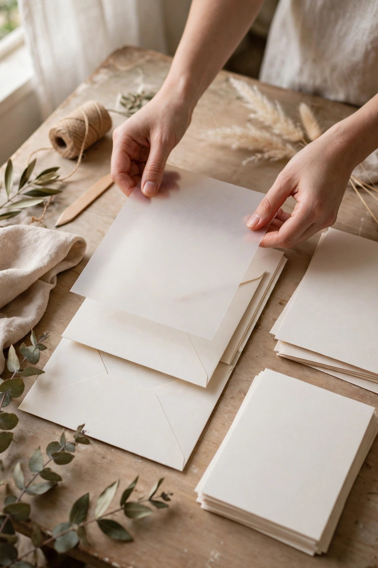 Hands assembling wedding invitation layers in order on a clean work table