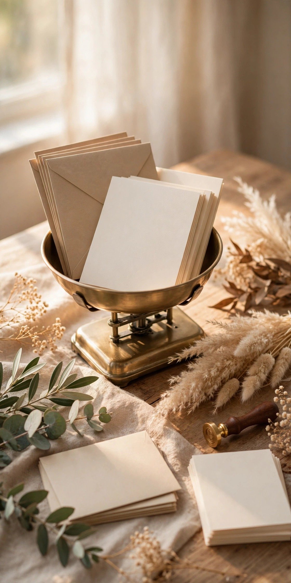 A complete wedding invitation suite being weighed on a small scale
