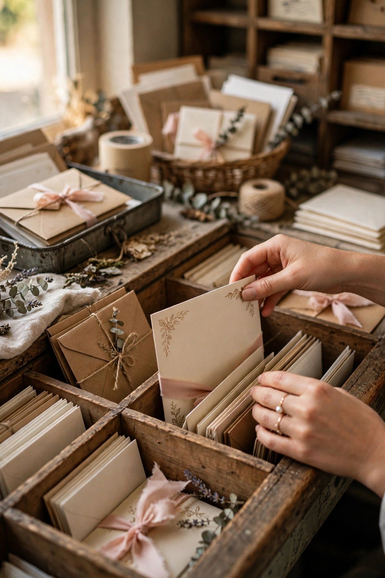 An embellished invitation envelope being hand sorted at a post office counter