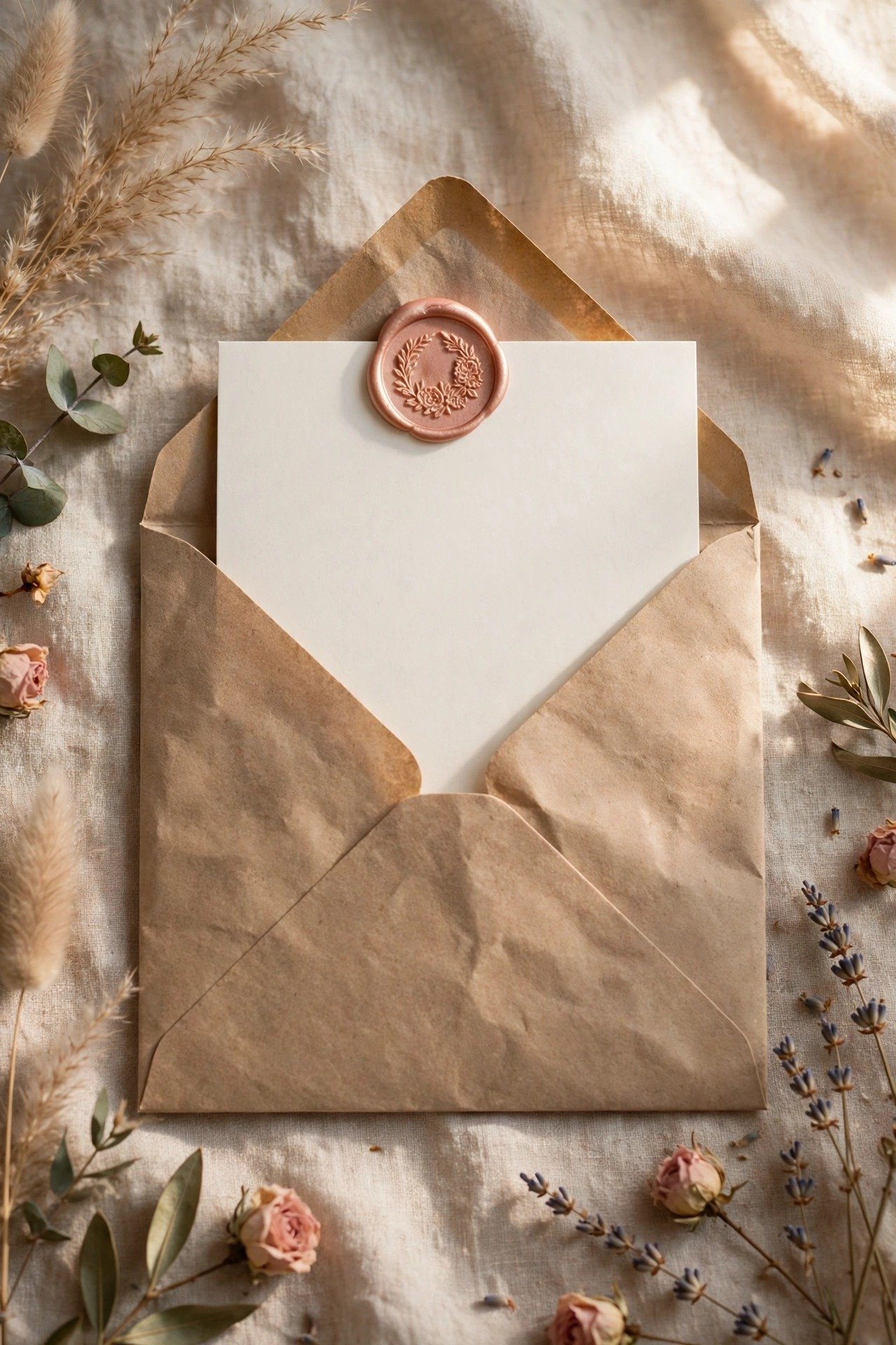 A wax-sealed wedding invitation slipped inside a plain outer envelope