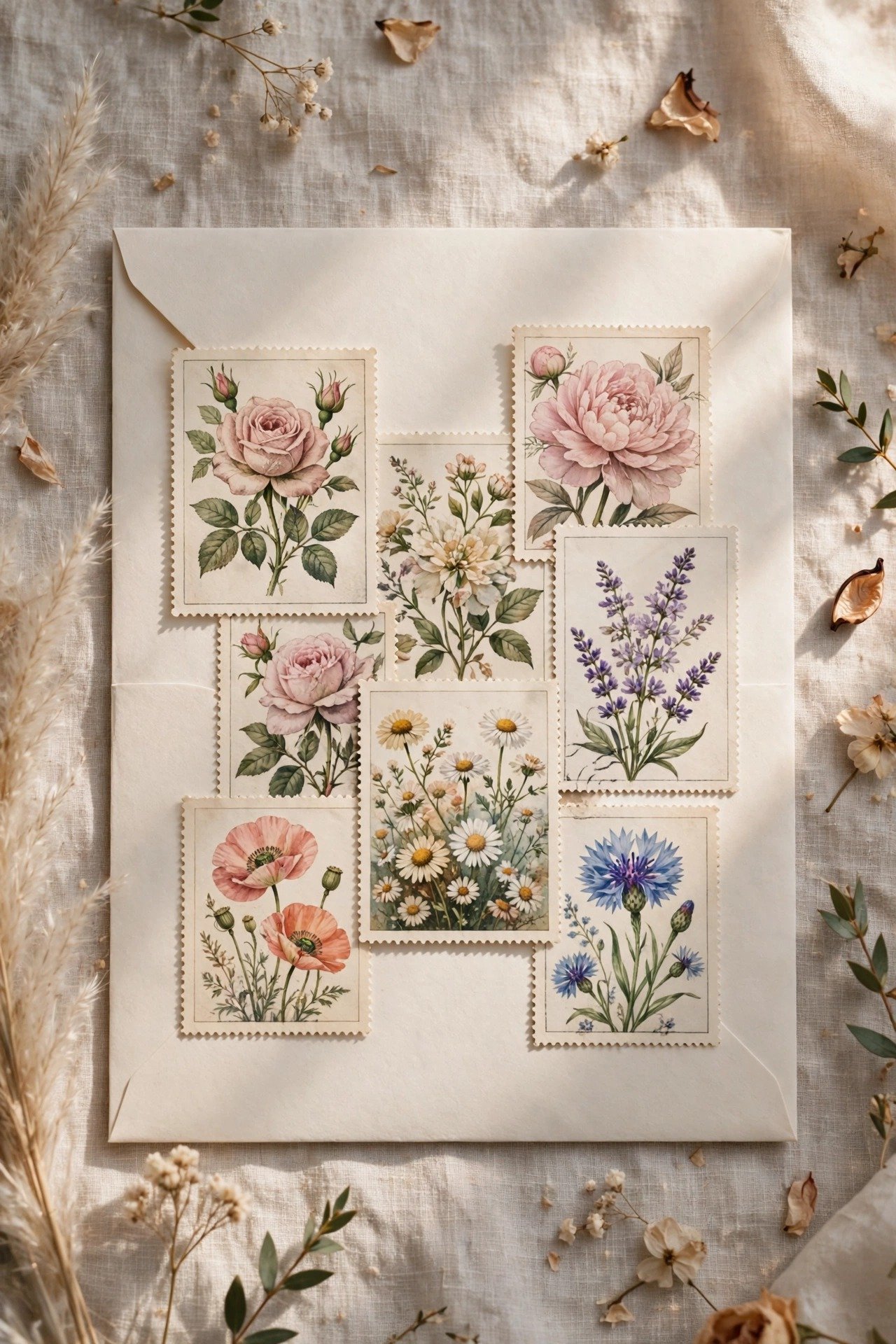 A collage of vintage floral postage stamps arranged on an envelope