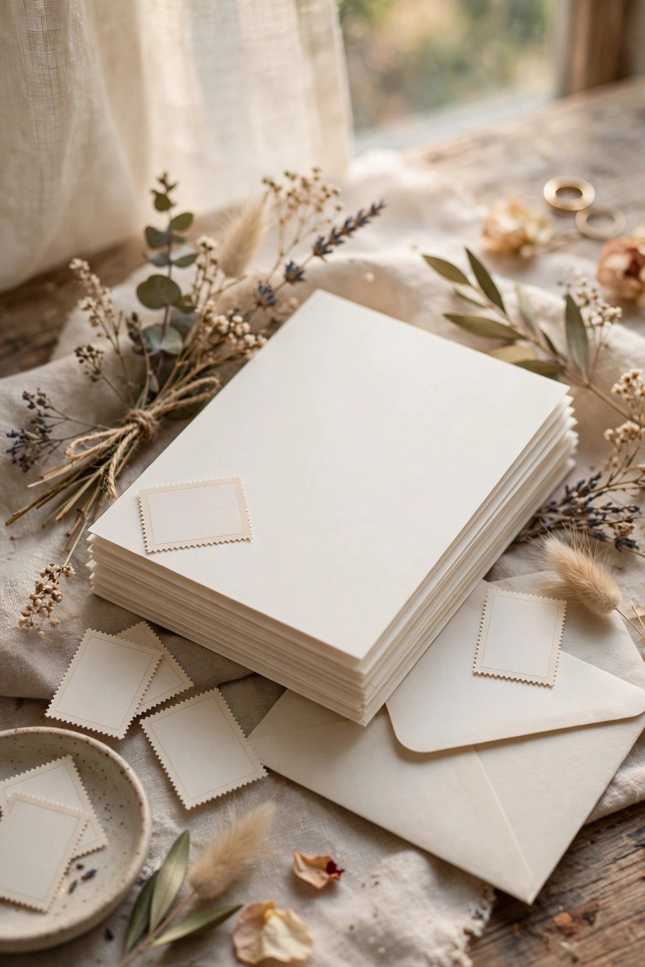 A stack of handwritten thank-you cards with stamps ready to mail
