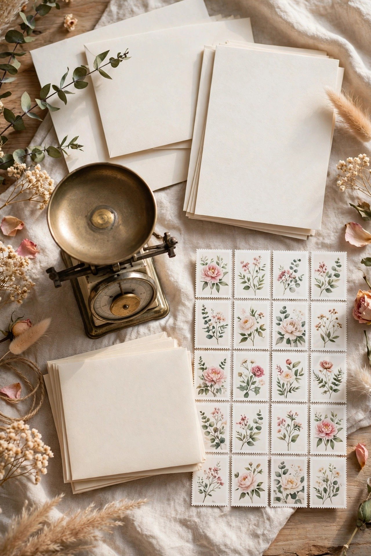 Wedding invitation suite on a postal scale beside a sheet of postage stamps