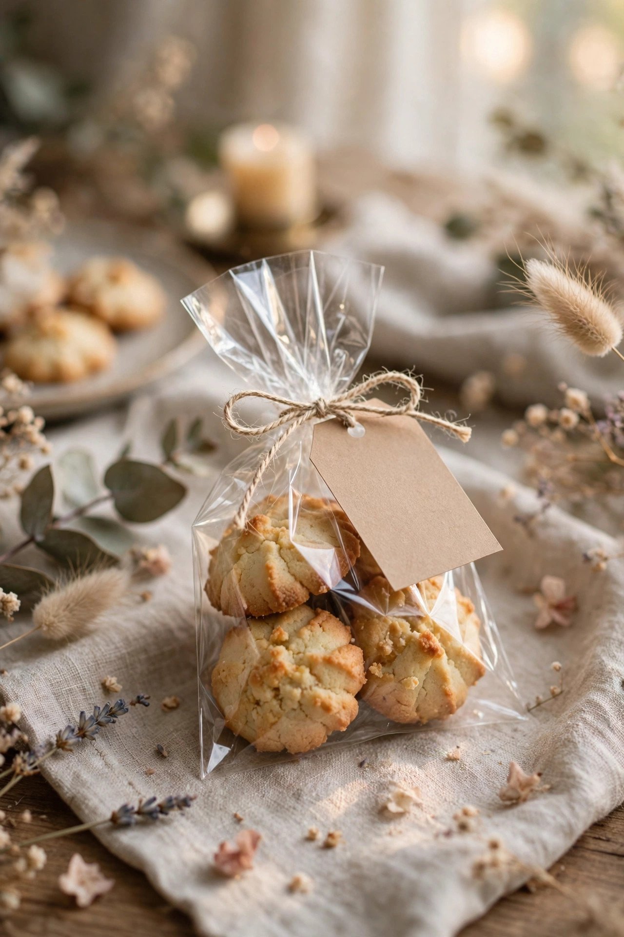 A cookies wedding favor with a printed tag