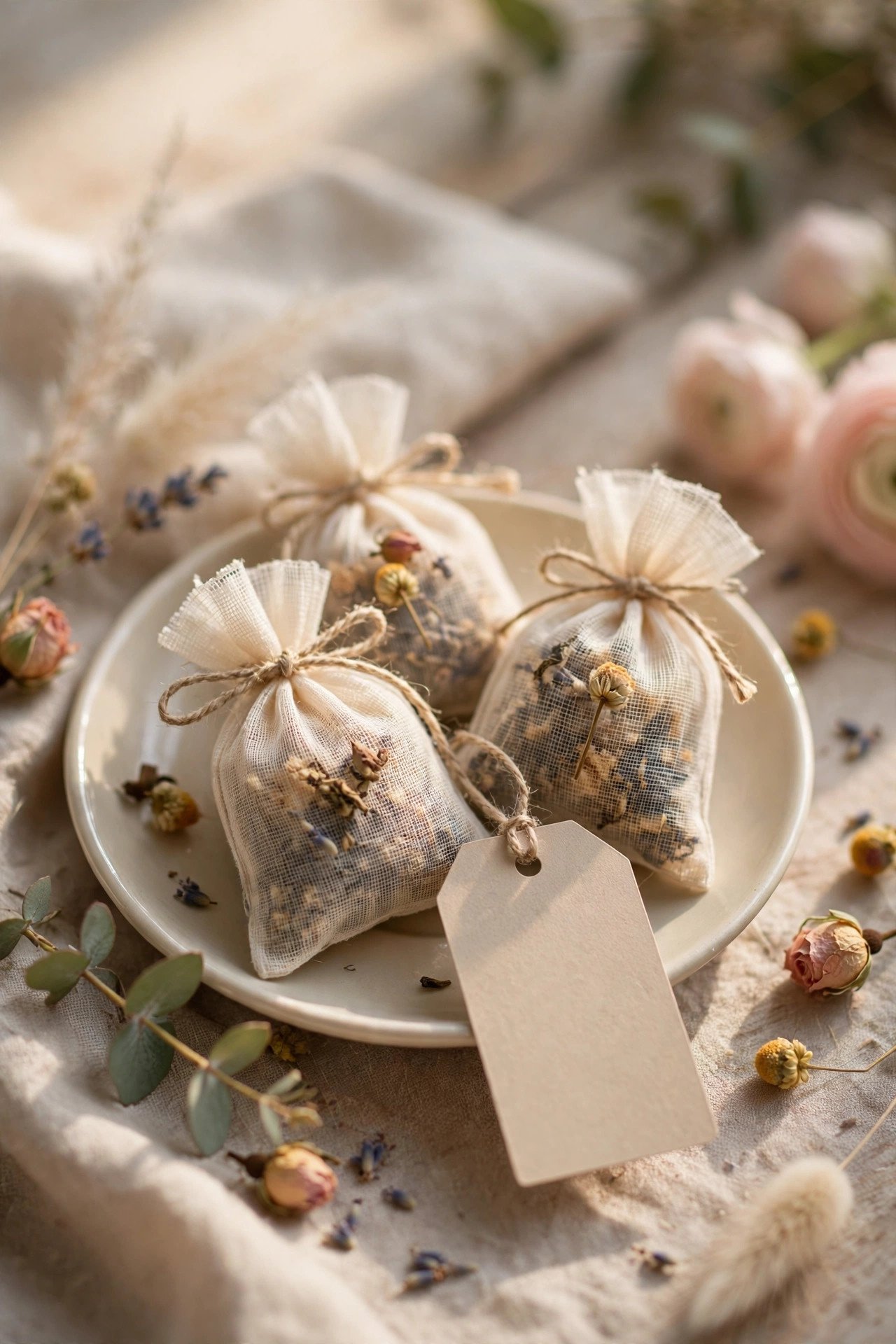 A tea wedding favor with a printed tag