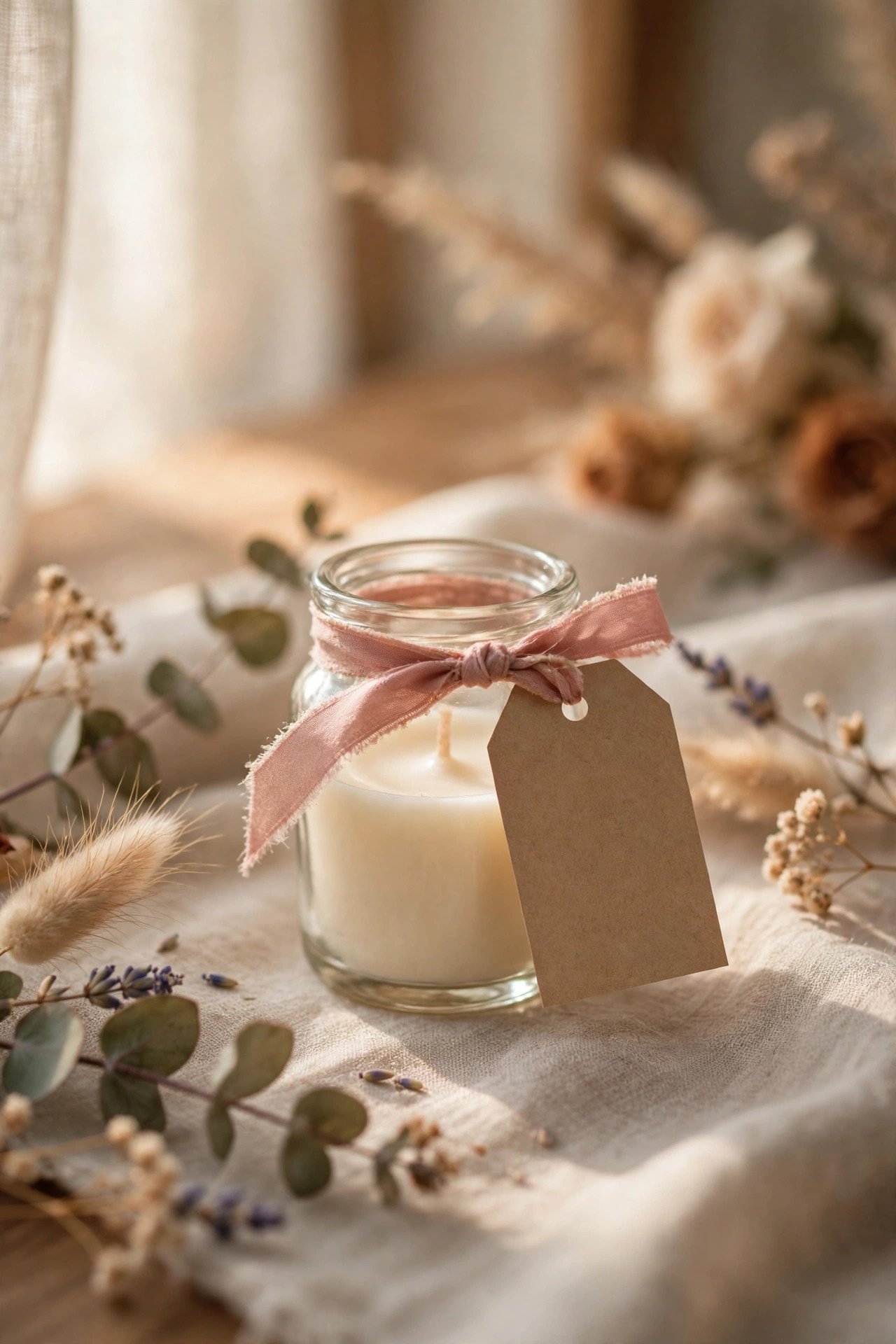 A candle wedding favor with a printed tag