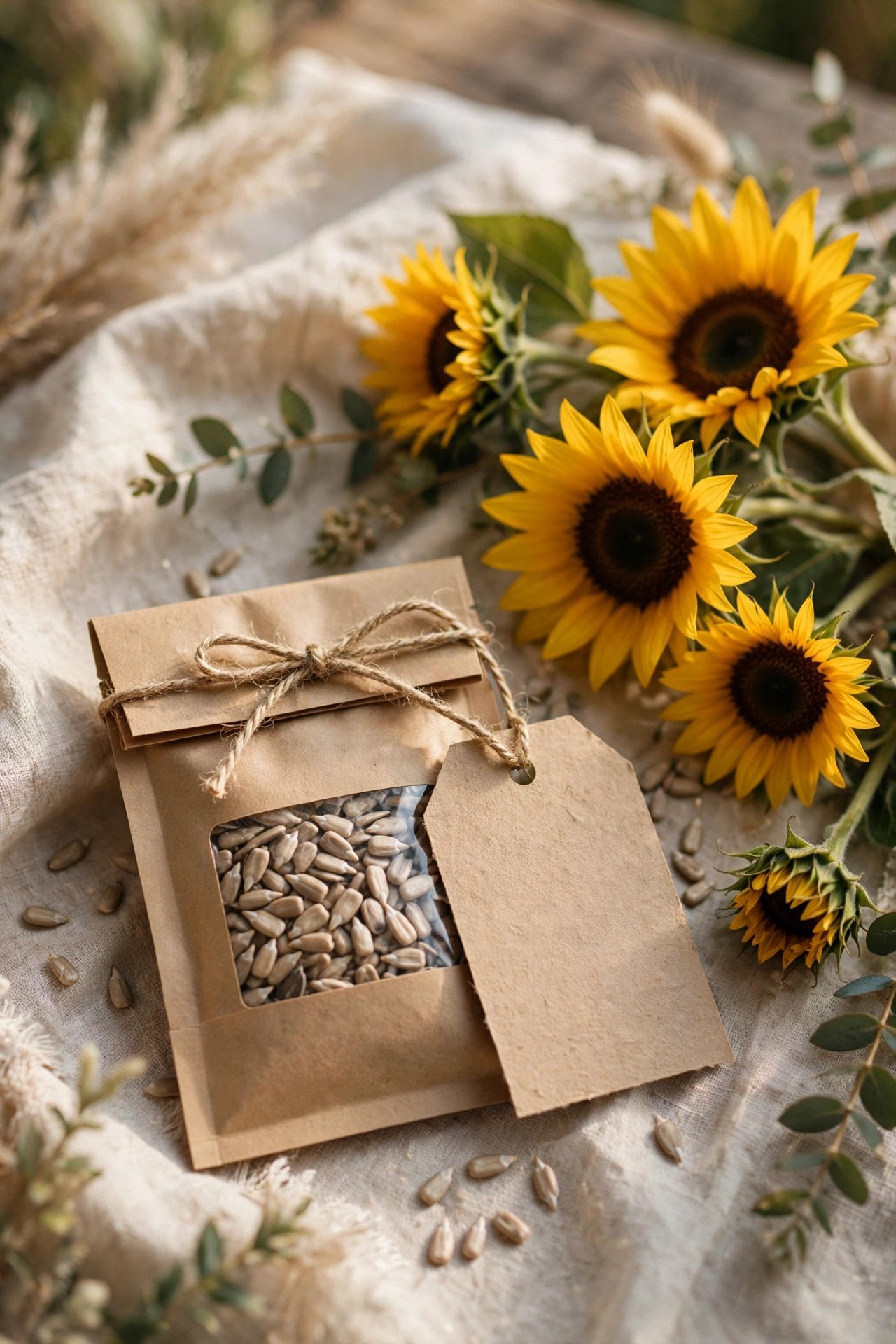 A sunflower seeds wedding favor with a printed tag