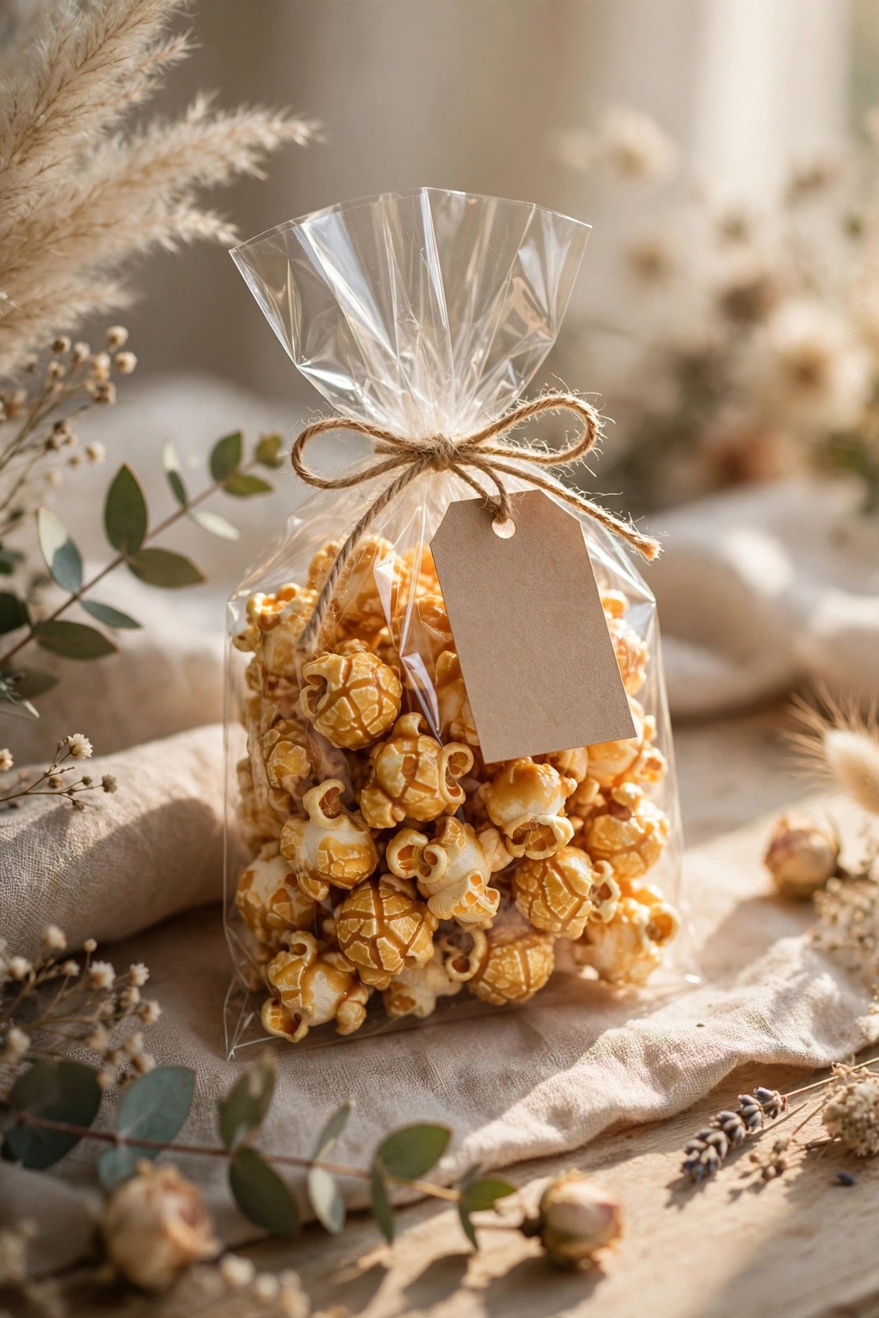A popcorn wedding favor with a printed tag