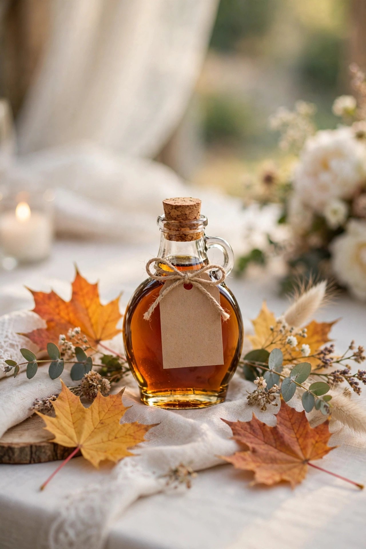 A maple syrup wedding favor with a printed tag