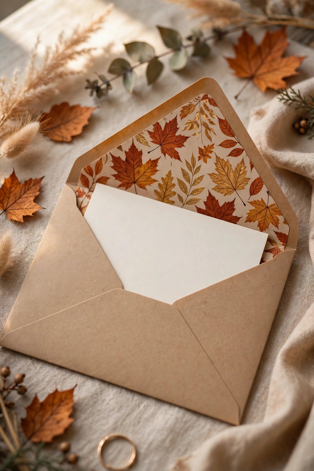 Wedding envelope opened to show a autumn leaves liner liner