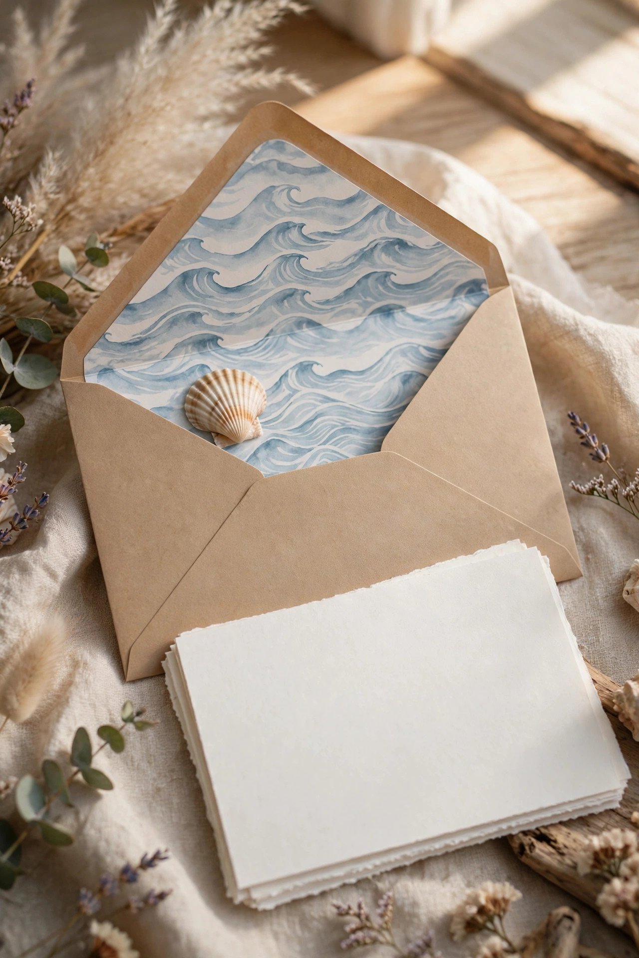 Wedding envelope opened to show a coastal shell and wave liner liner