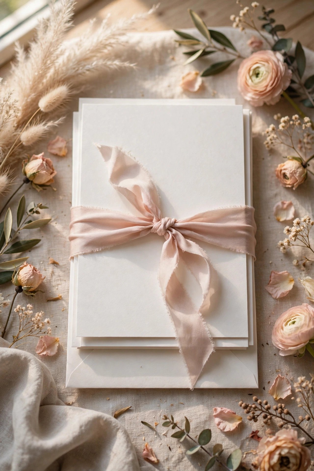 Wedding invitation suite with a silk ribbon band belly band