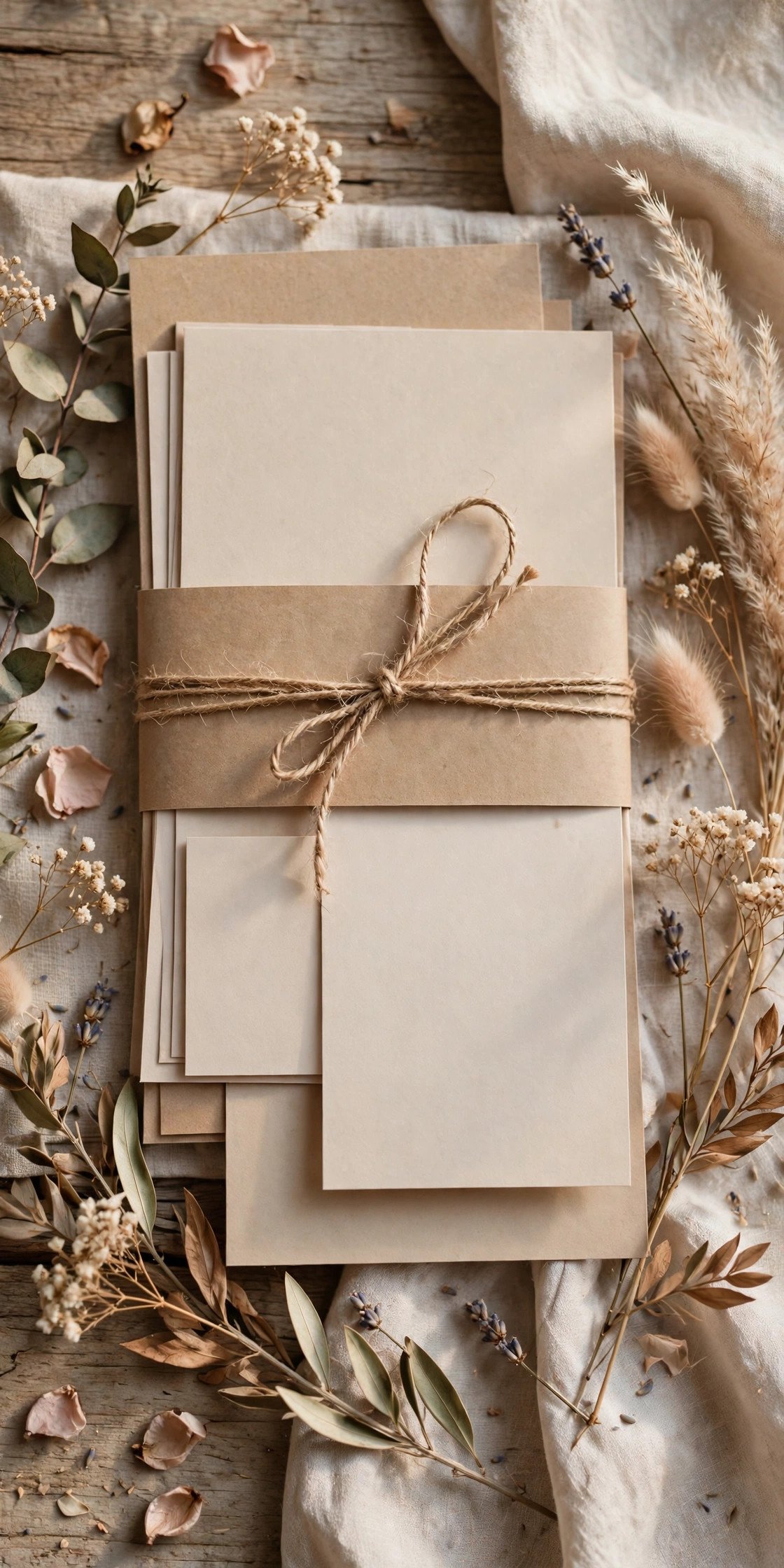 Wedding invitation suite with a rustic kraft and twine band belly band