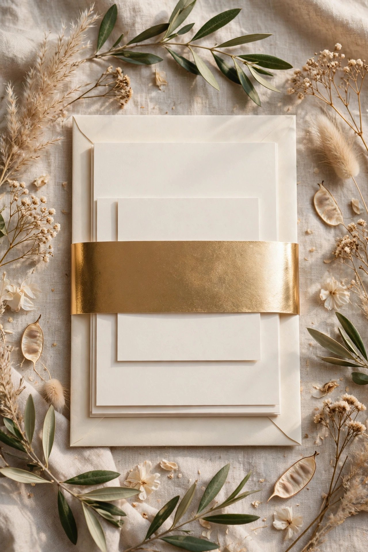 Wedding invitation suite with a metallic foil band belly band