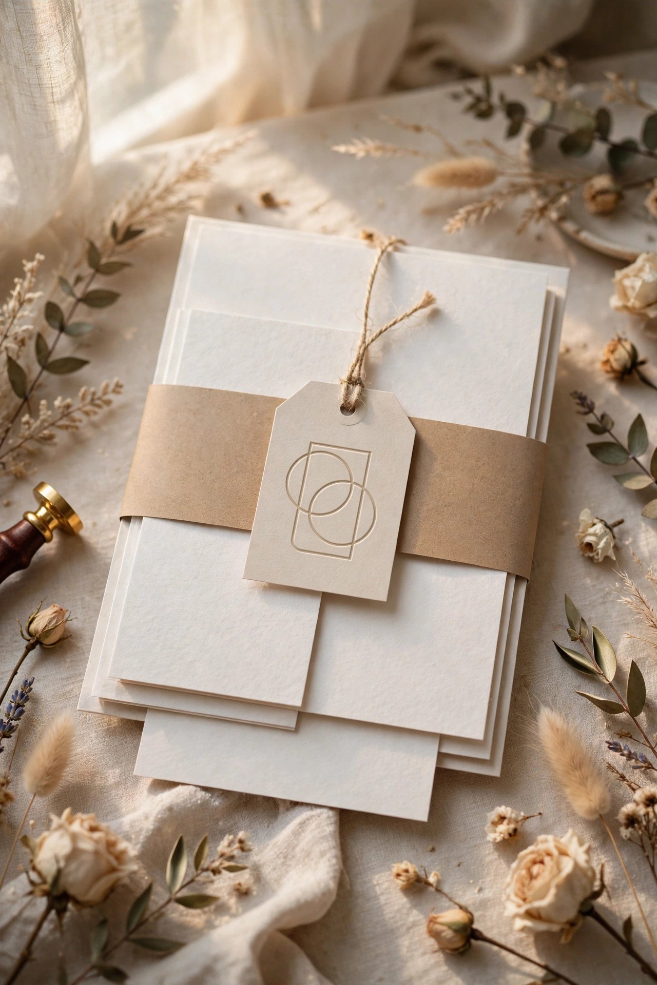 Wedding invitation suite with a monogram tag band belly band