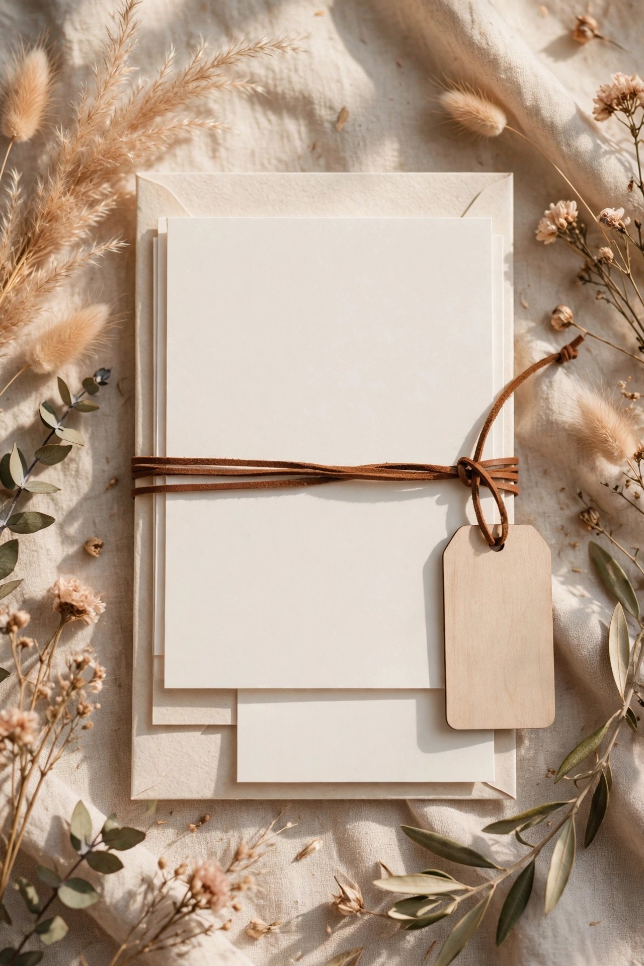Wedding invitation suite with a leather cord and wooden tag band belly band