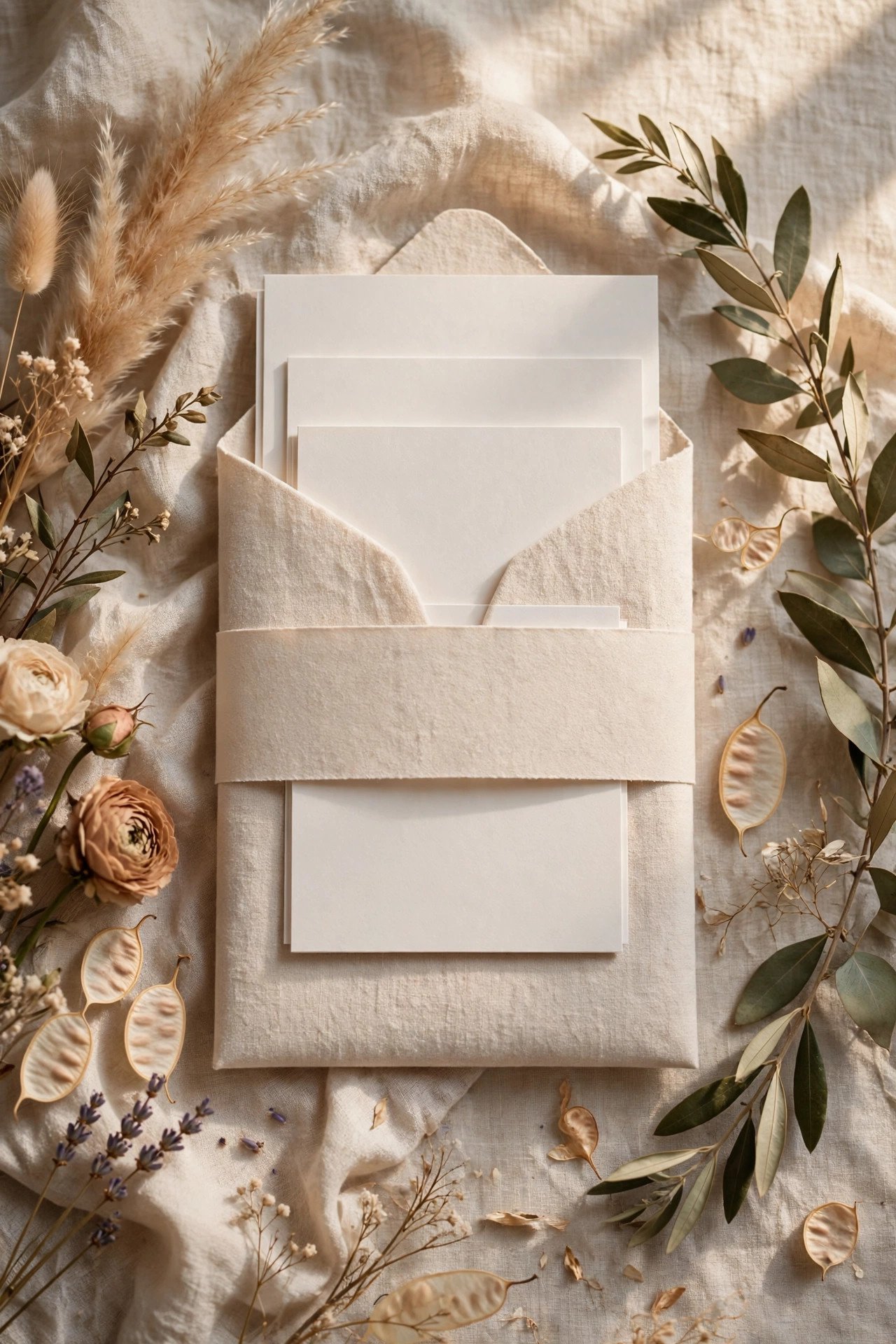 Wedding invitation suite with a pocket-style band that holds the details belly band