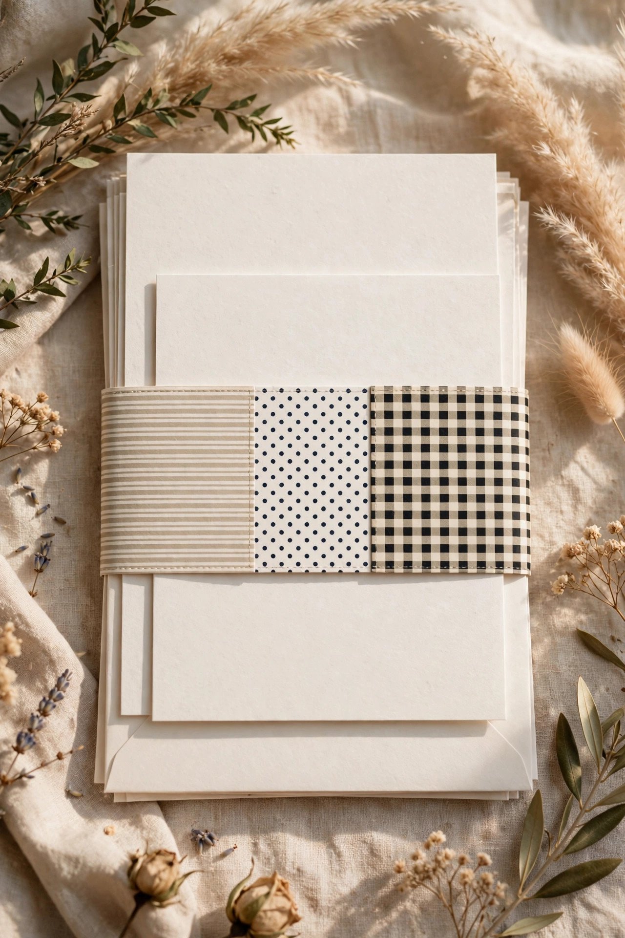 Wedding invitation suite with a patterned band: stripes, dots and checks belly band