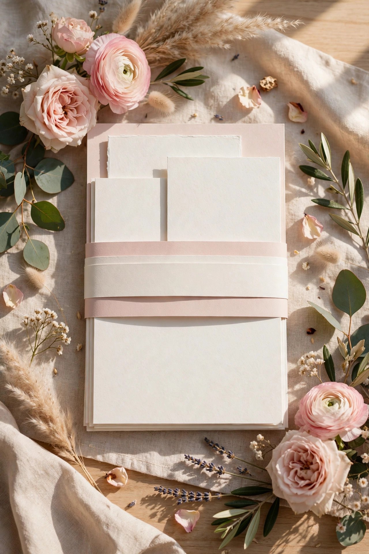 Wedding invitation suite with a two-tone layered band belly band