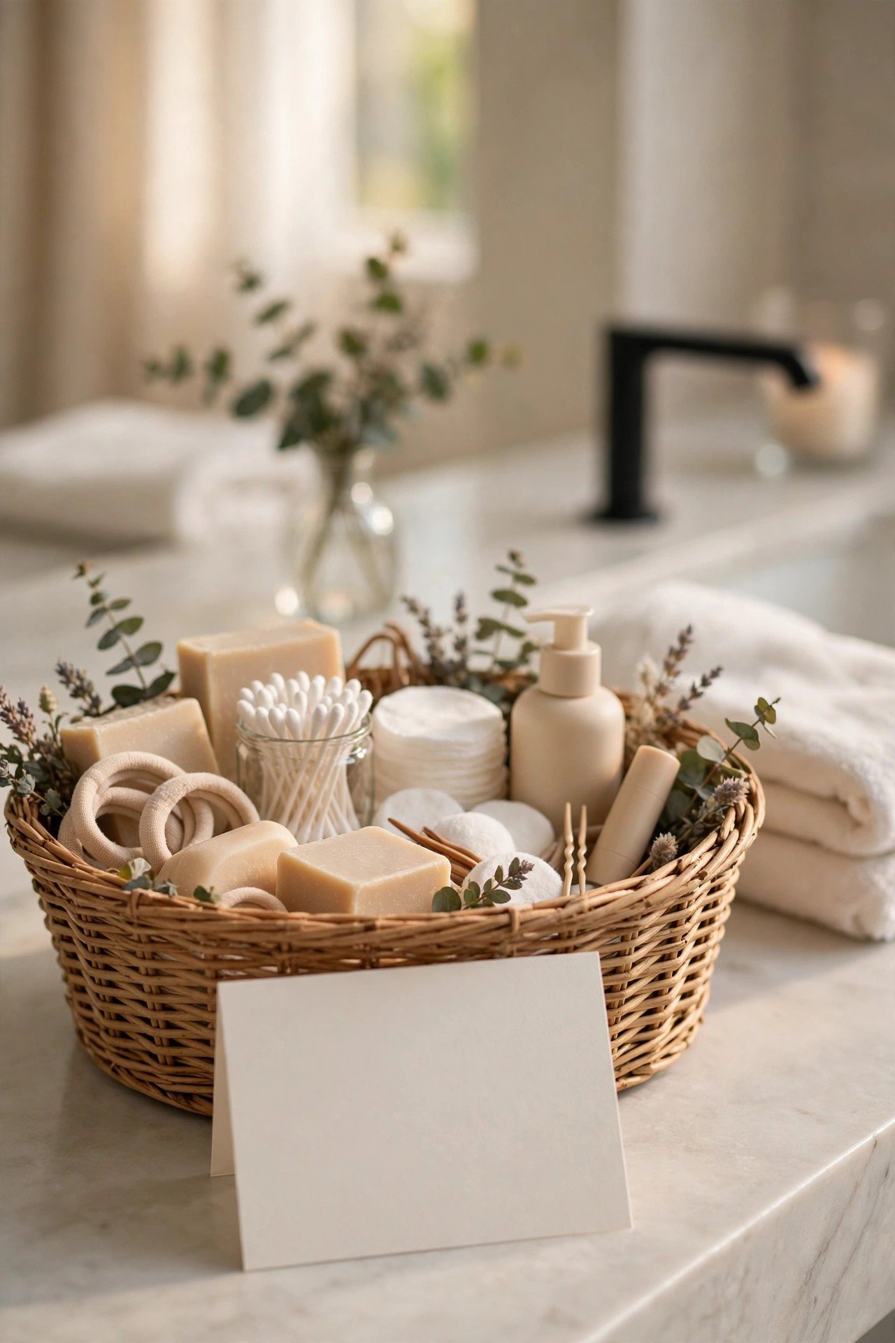 Wedding day stationery showing restroom basket cards