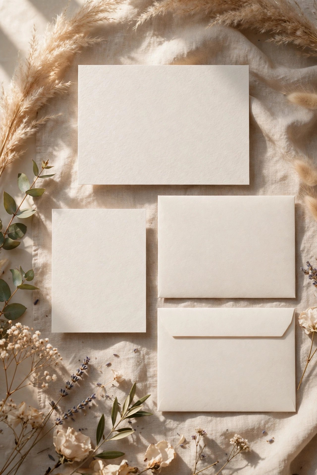 A complete wedding stationery suite laid out flat with invitation, RSVP card and envelopes