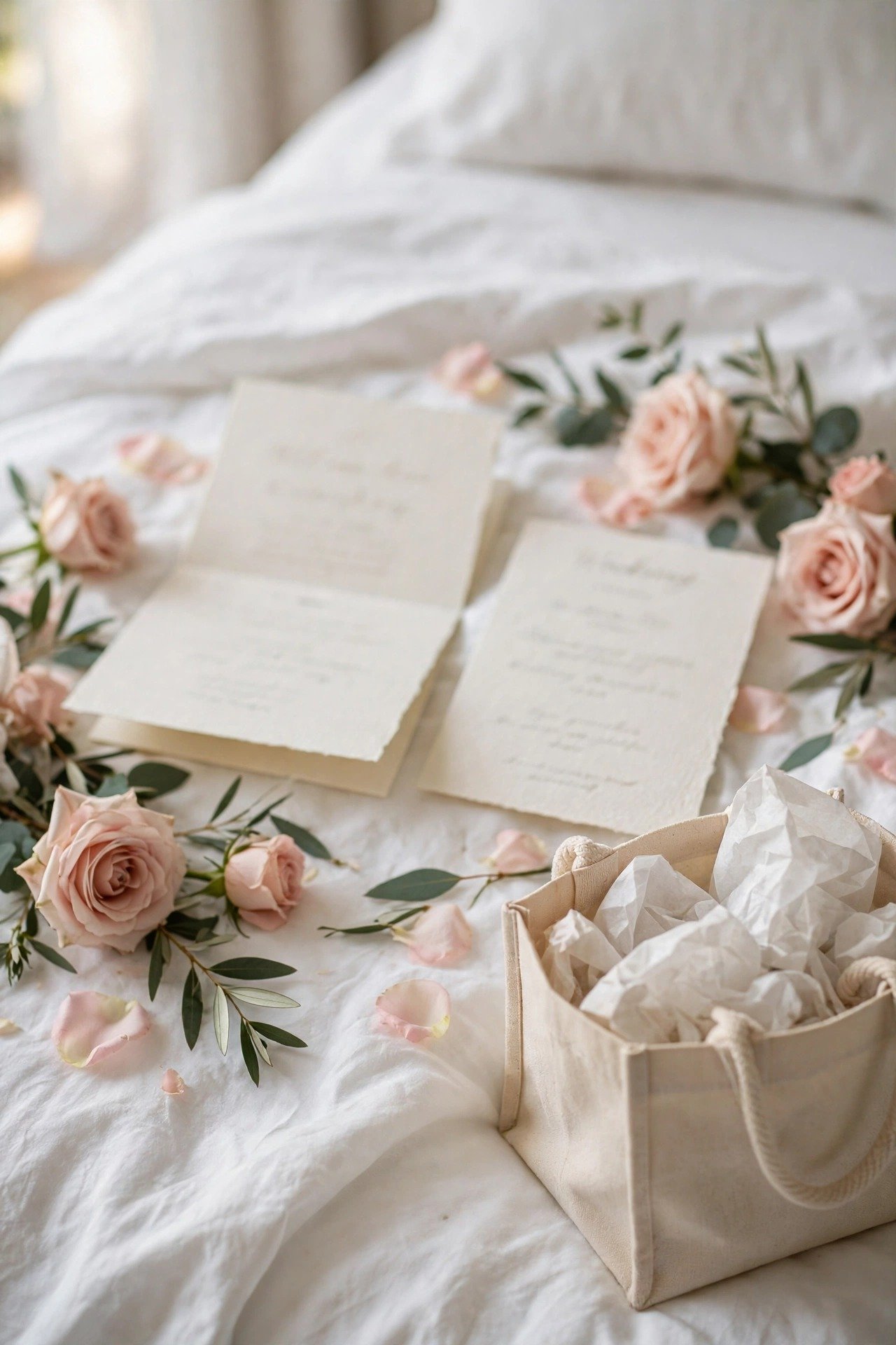 Wedding welcome letter and gift bag on a hotel bed with flowers and a weekend itinerary card