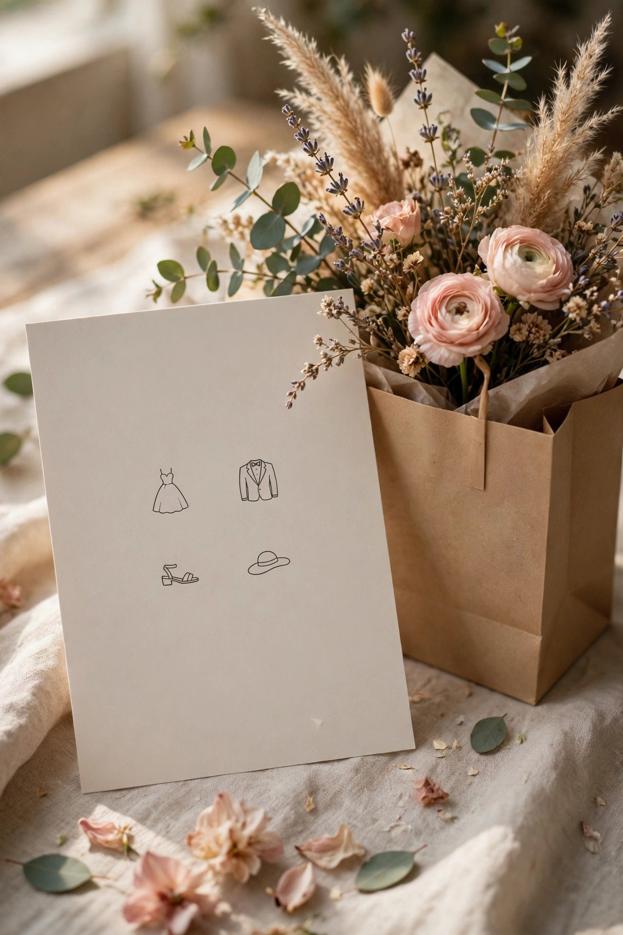 The Itinerary Card with Dress Code Icons — wedding itinerary card design for guest welcome bags