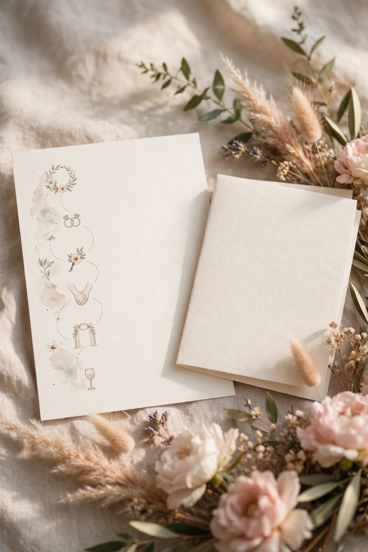 Wedding itinerary card with illustrated timeline resting beside a welcome letter and flowers