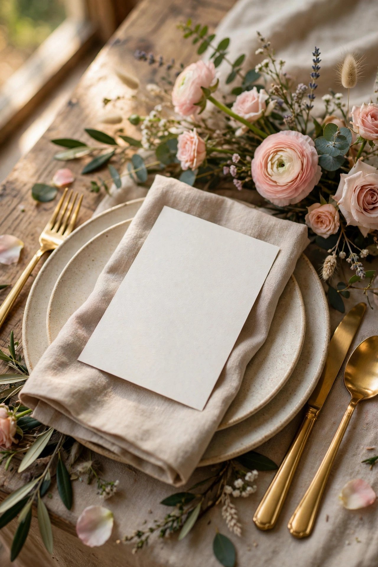 Elegant wedding menu card at a place setting with linen napkin, gold cutlery and garden flowers