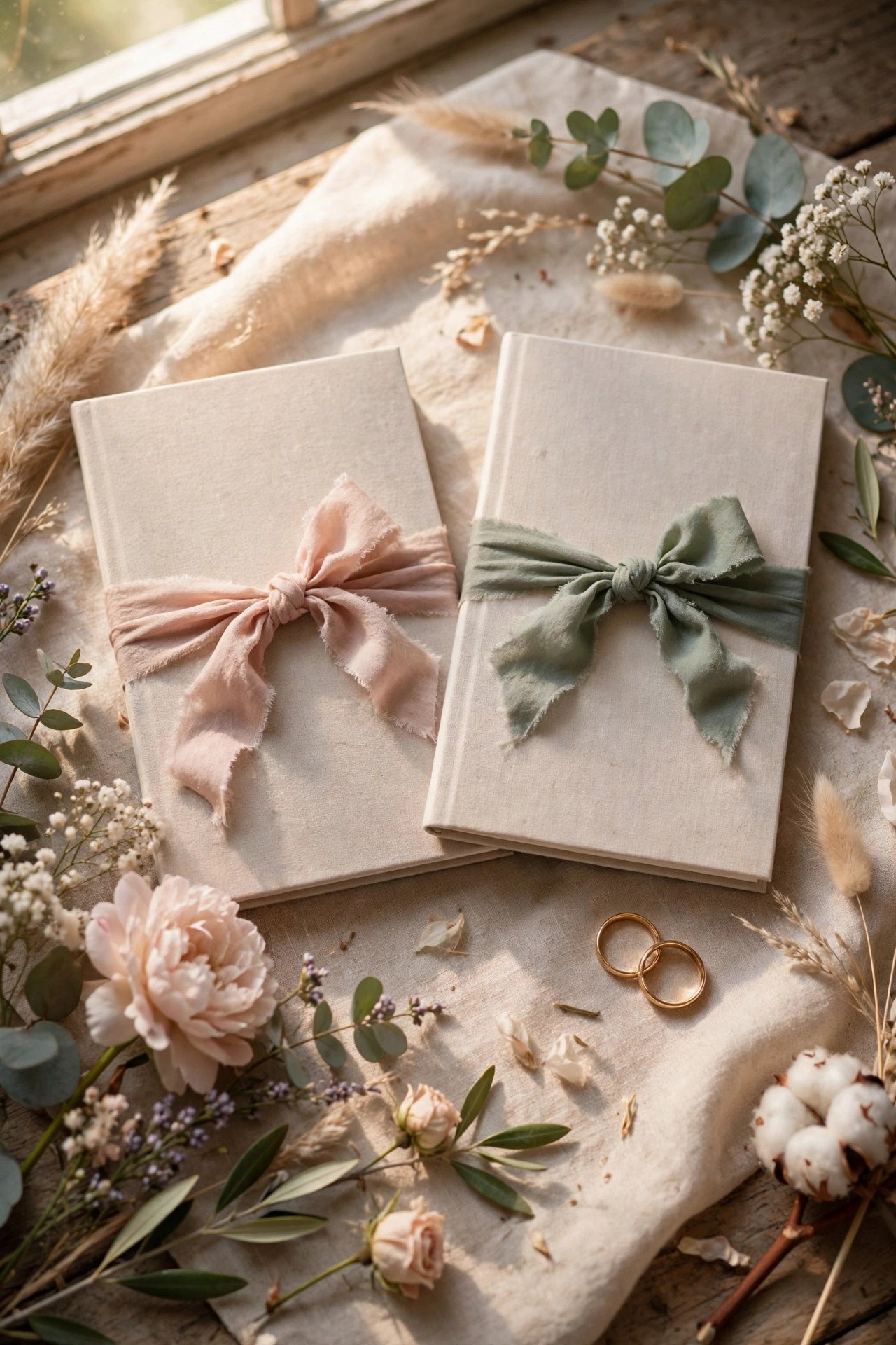 Pair of elegant wedding vow books with silk ribbons beside rings and soft flowers