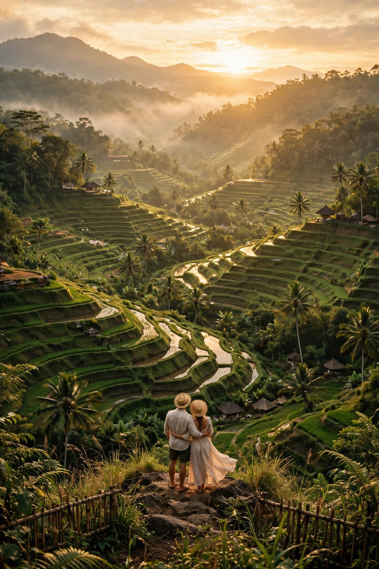 Honeymoon couple overlooking emerald rice terraces in Bali at golden hour