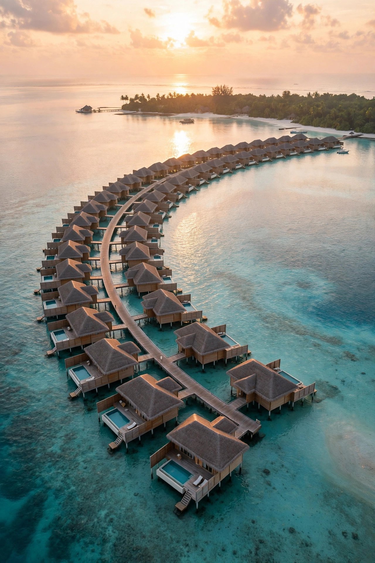 Overwater villas curving over a turquoise Maldivian lagoon at sunrise