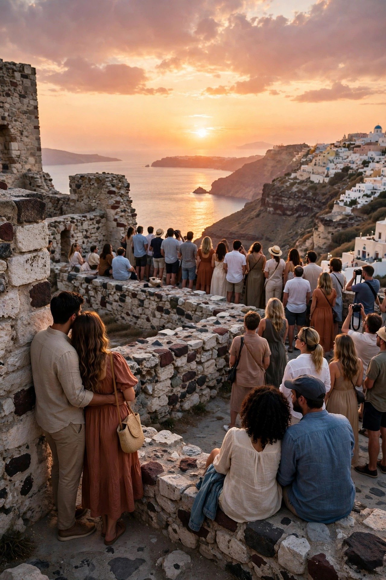 Crowds and couples watching the sun sink into the Aegean from the Byzantine castle ruins in Oia, Santorini