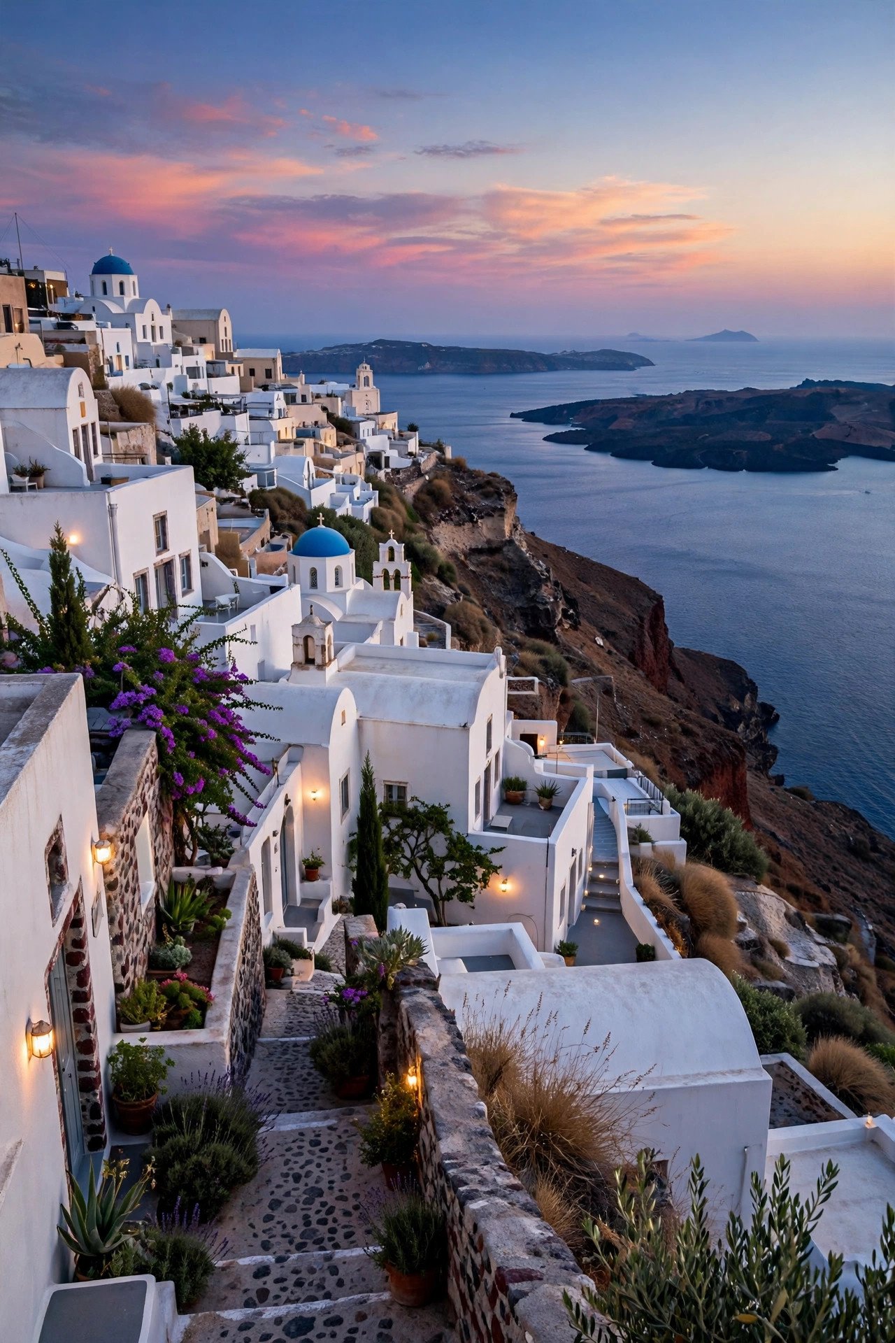 Peaceful whitewashed village of Imerovigli perched on the highest point of the Santorini caldera rim at dusk