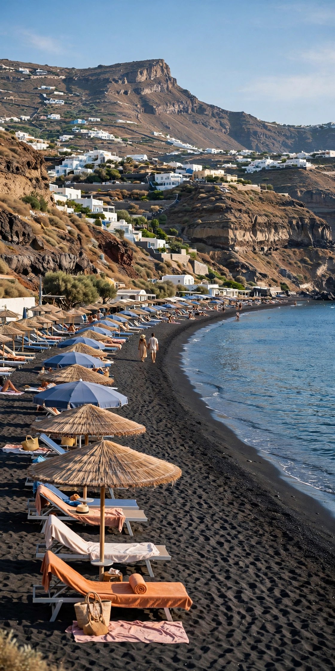 Long black volcanic sand beach lined with umbrellas at Kamari on Santorini's east coast under a blue sky