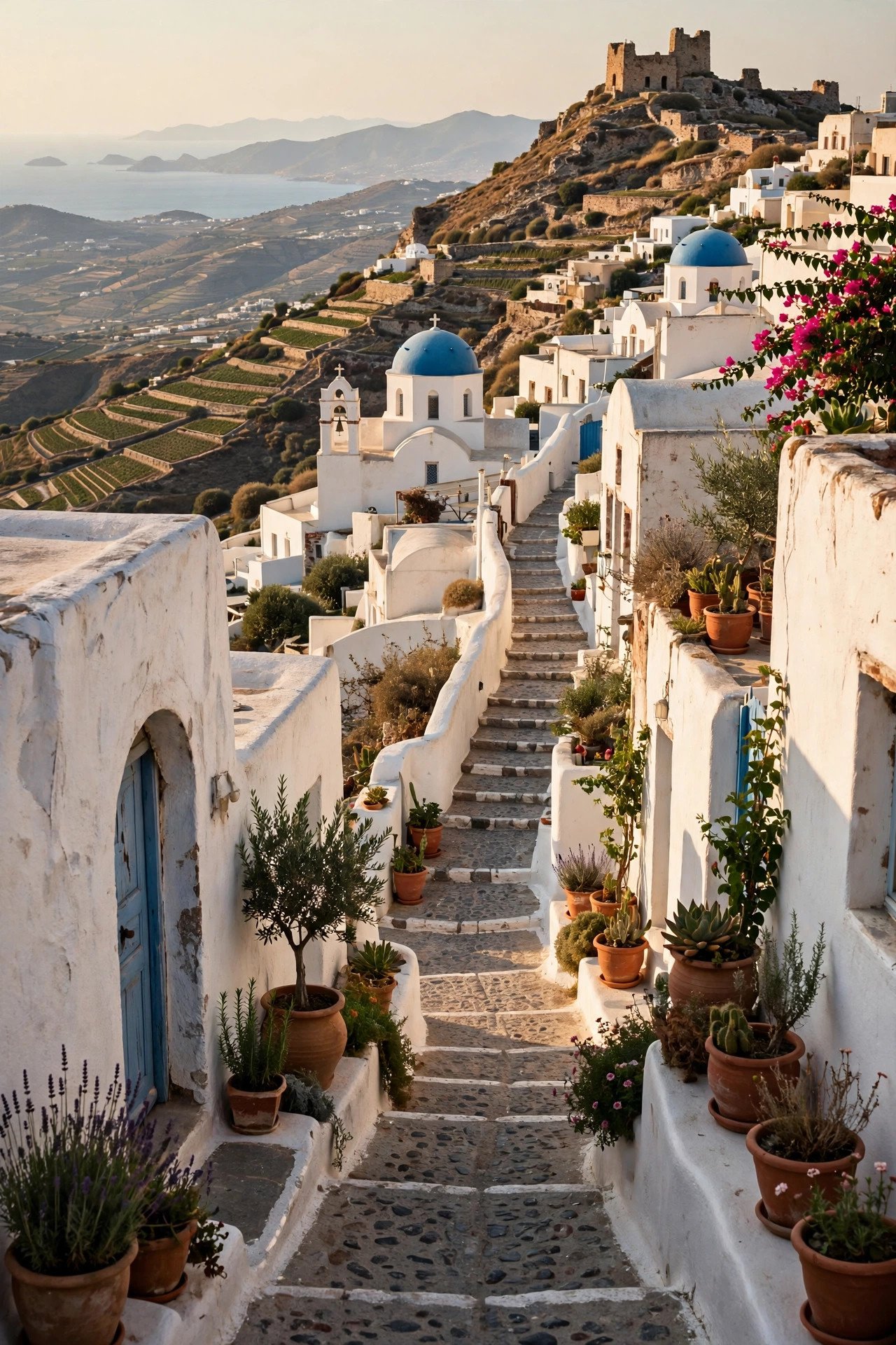 Traditional whitewashed lanes and church domes of Pyrgos village climbing a hillside in central Santorini