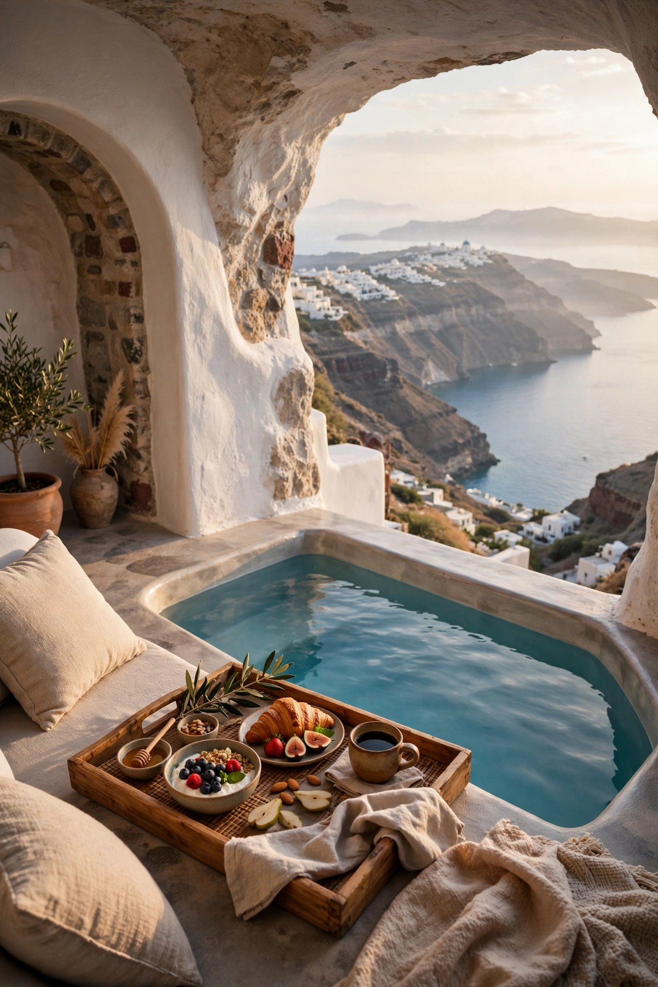 Breakfast tray beside a private plunge pool on a cave suite terrace overlooking the Santorini caldera in morning light