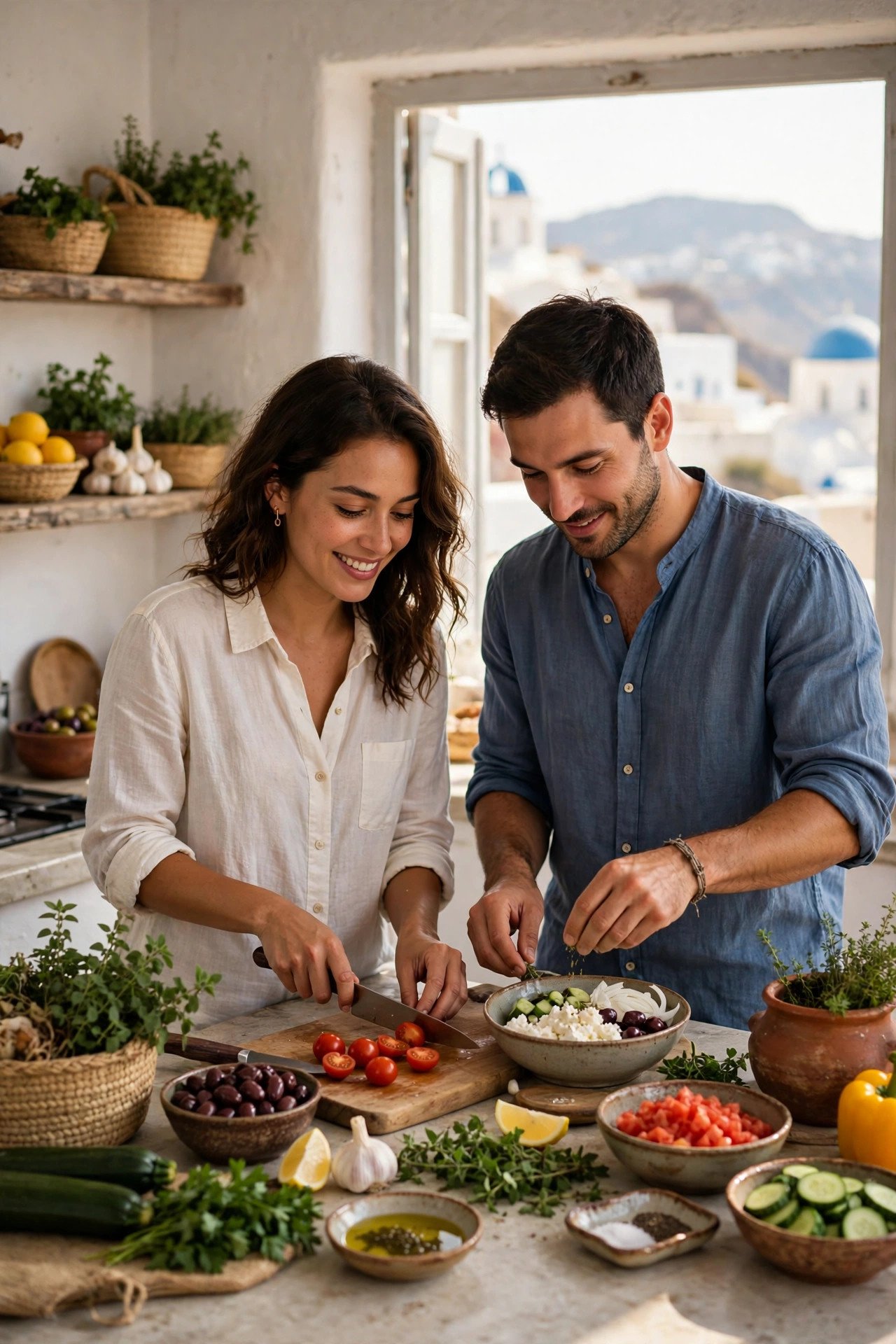 Couple learning to prepare traditional Greek dishes with fresh local ingredients in a Santorini cooking class kitchen