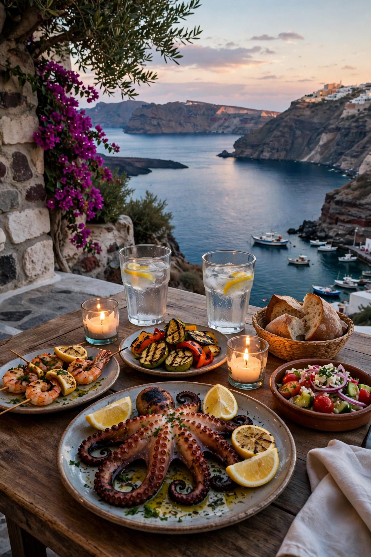 Candlelit table at a seaside taverna in Ammoudi Bay below Oia with grilled seafood and the caldera beyond