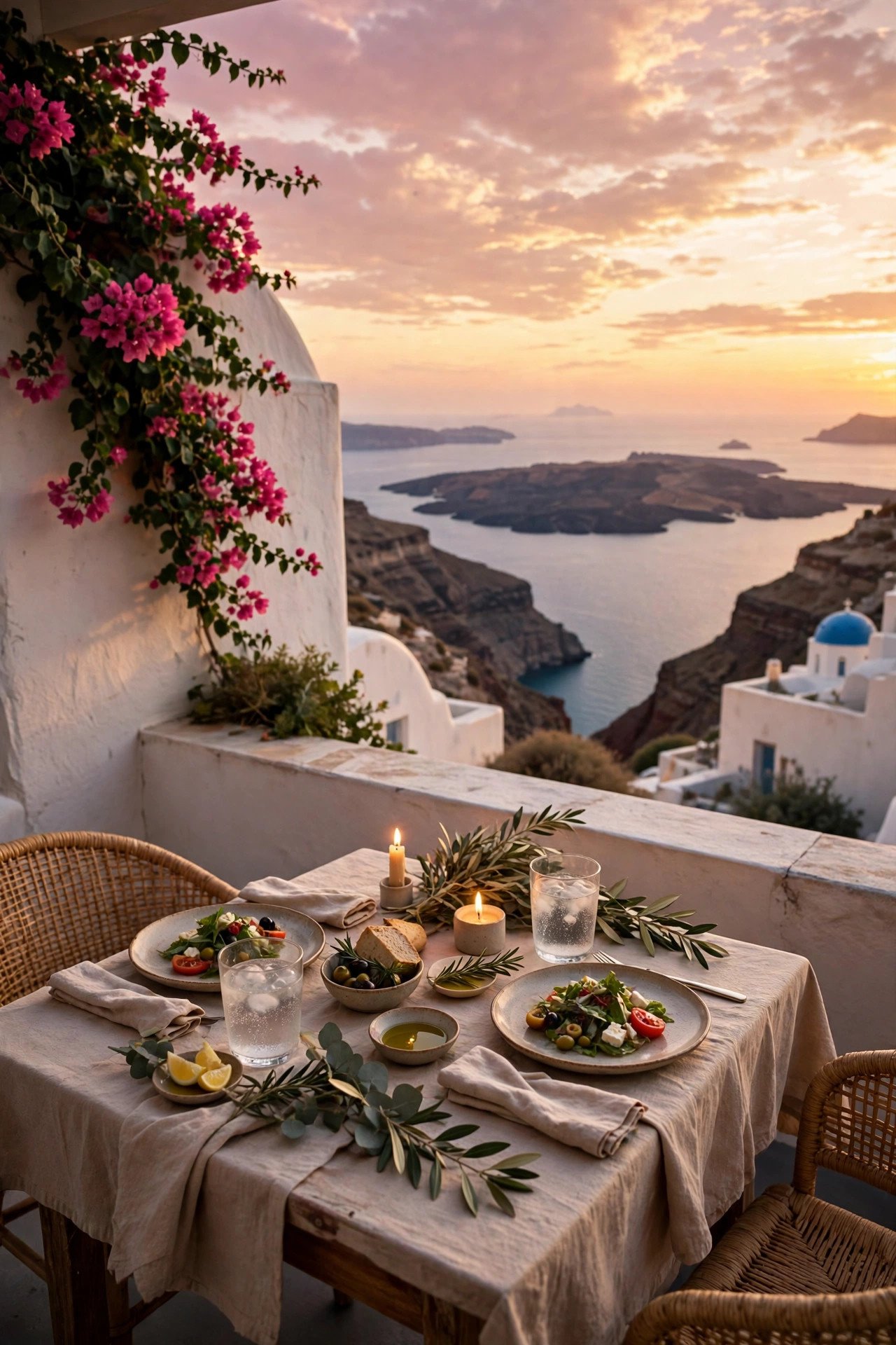 Romantic dinner table for two on a caldera-view terrace in Santorini as the sky turns pink and gold at sunset