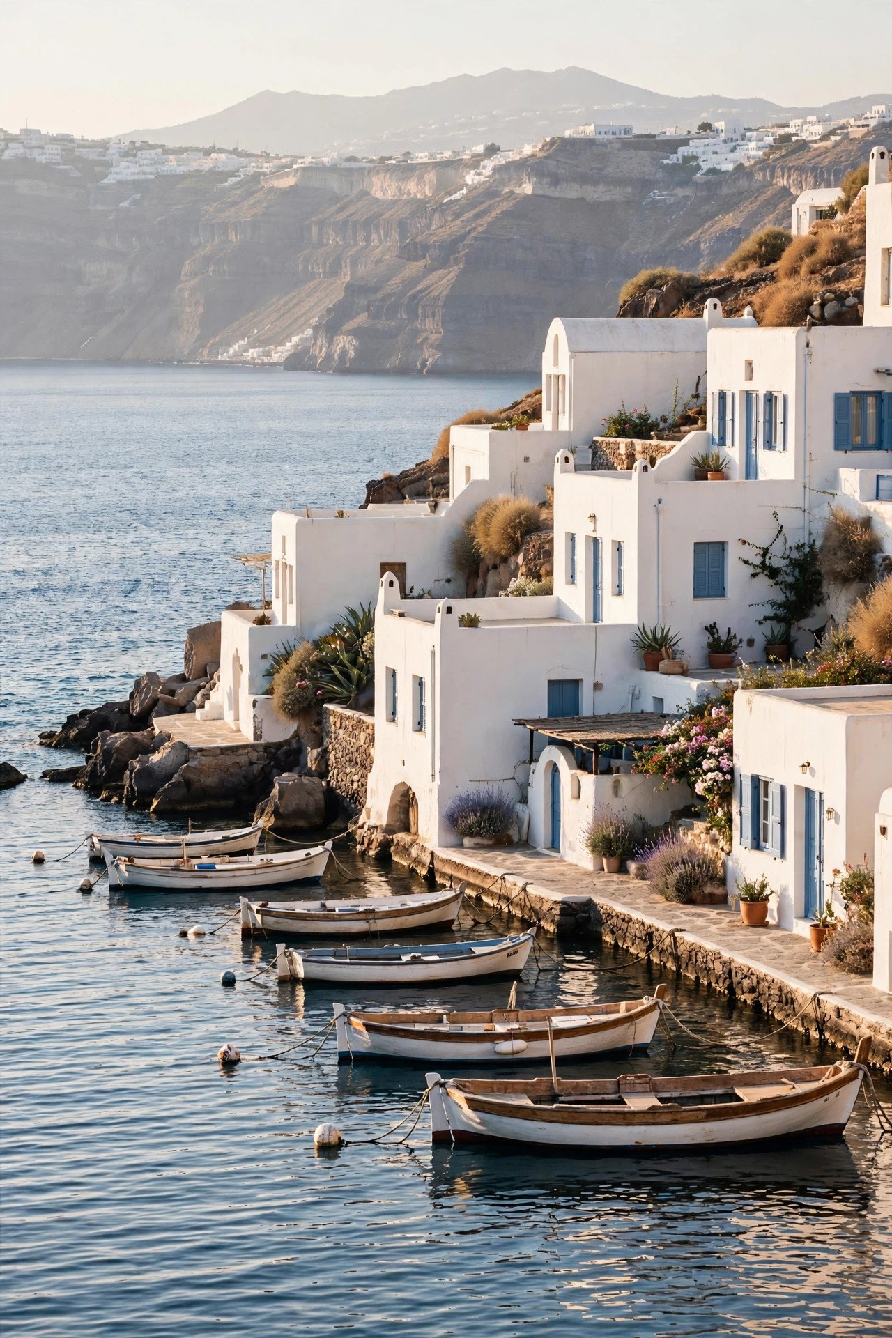 Quiet harbour and whitewashed houses of Thirassia island across the caldera from Santorini